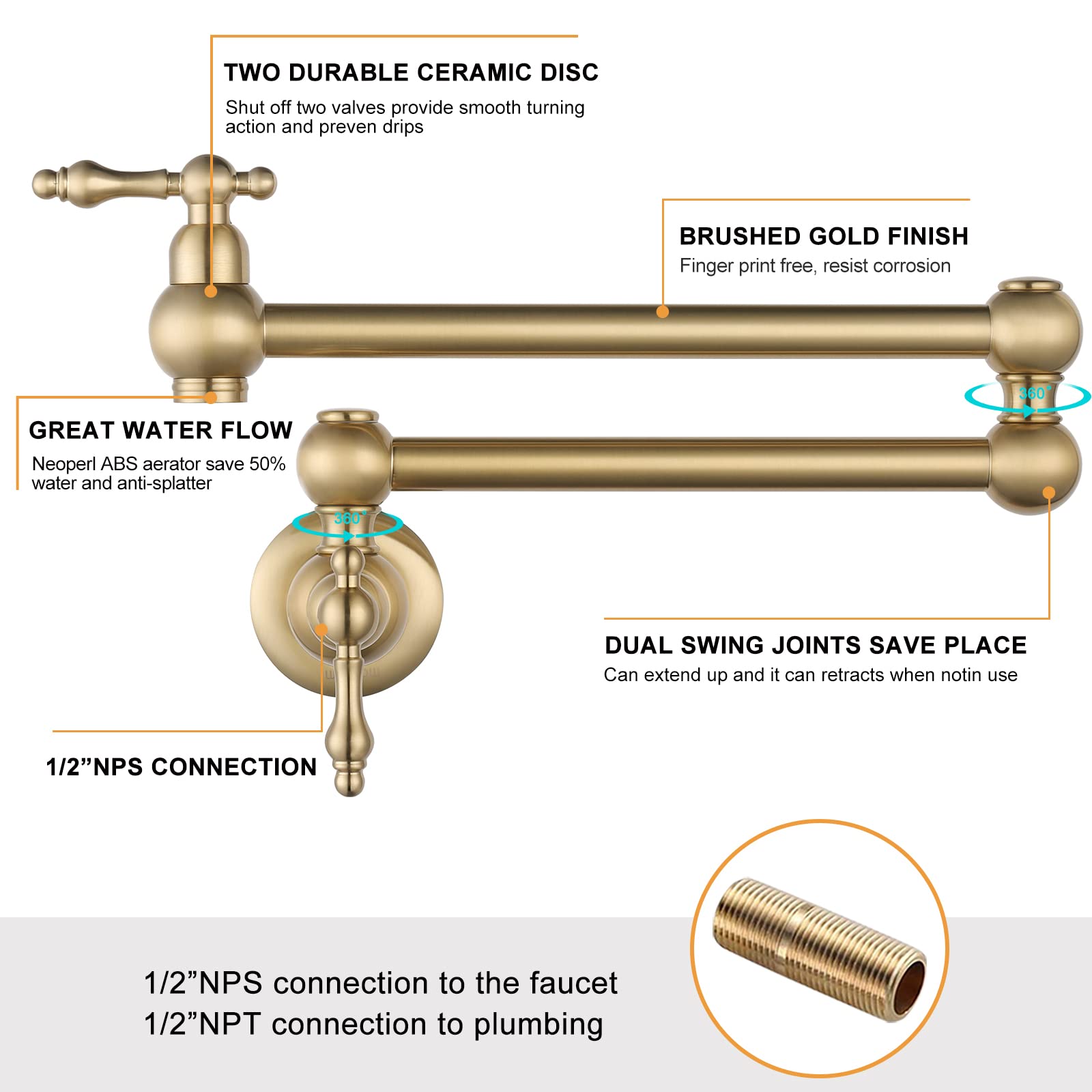 Wowow Gold Pot Filler Faucet, Wall Mount Copper Folding Faucet 2 Handle With Double Joint Swing Arms, Single Hole Brass Commerci