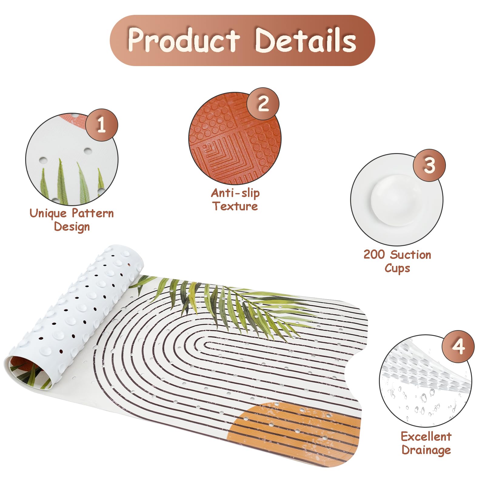 Bathtub Mat Non Slip, Bohemia Extra Long Bath Tub Mat Shower Floor Mat With Suction Cups And Drain Holes For Adults Kids Elderly