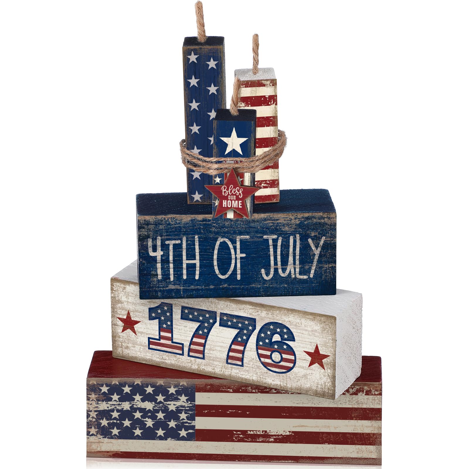 CroBlissful 4 Pcs 4th of July Decorations Patriotic Memorial Day Tabletop Decoration Red White Blue Table Centerpieces Sign for 