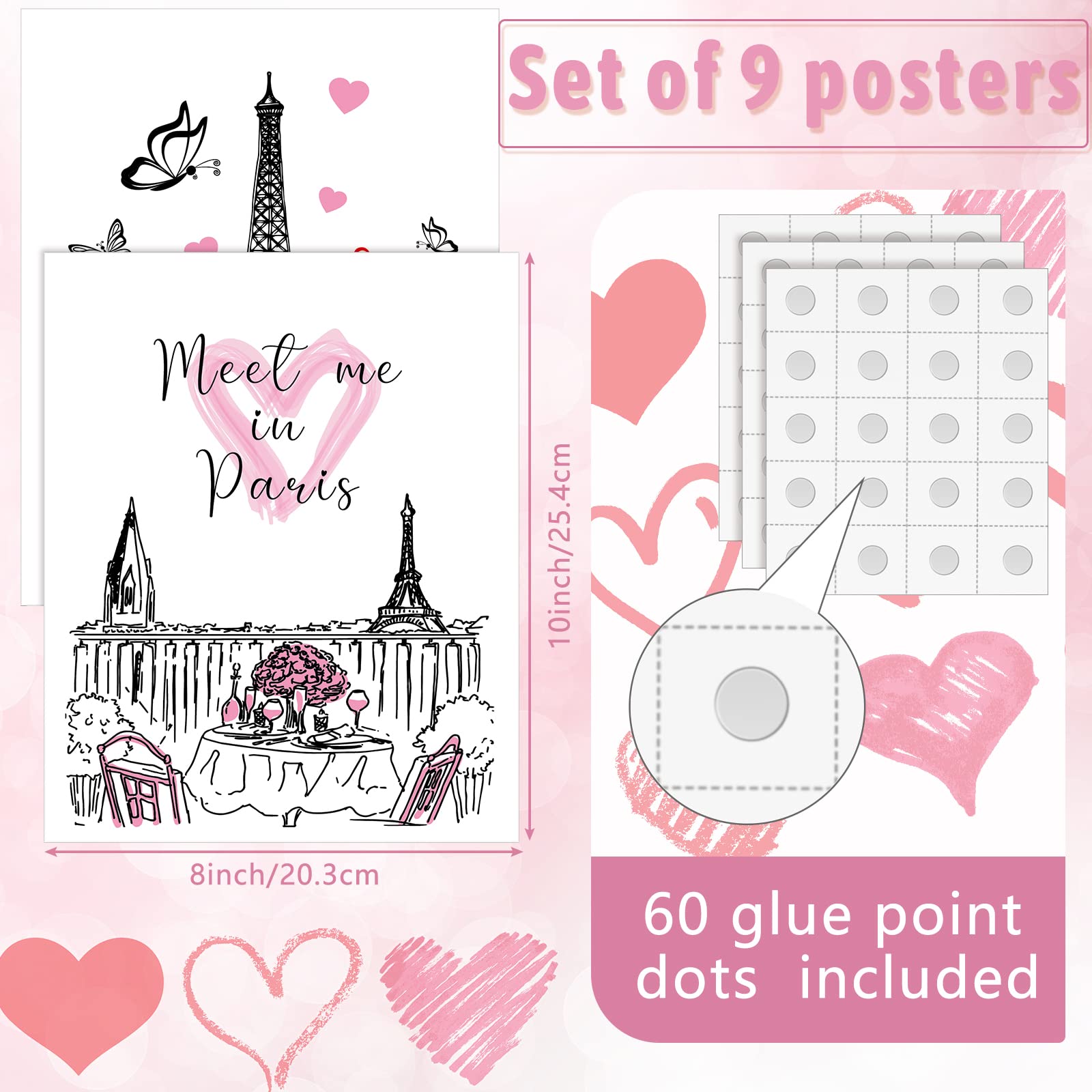 Spakon 9 Pieces Paris Bathroom Decor Paris Theme Wall Art Room Decor Romantic Pink Eiffel Tower Wall Art Bedroom Pictures