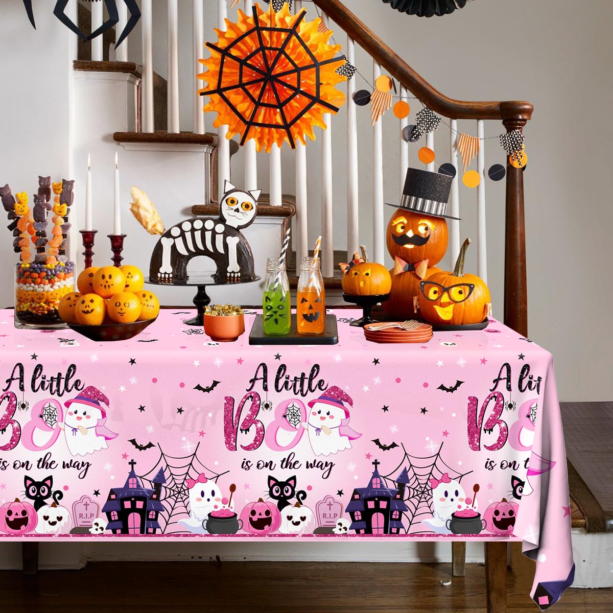 Grehumor 3Pcs A Little Boo Is On The Way Tablecloth A Little Boo Is On The Way Baby Shower Party Decorations Disposable Plastic