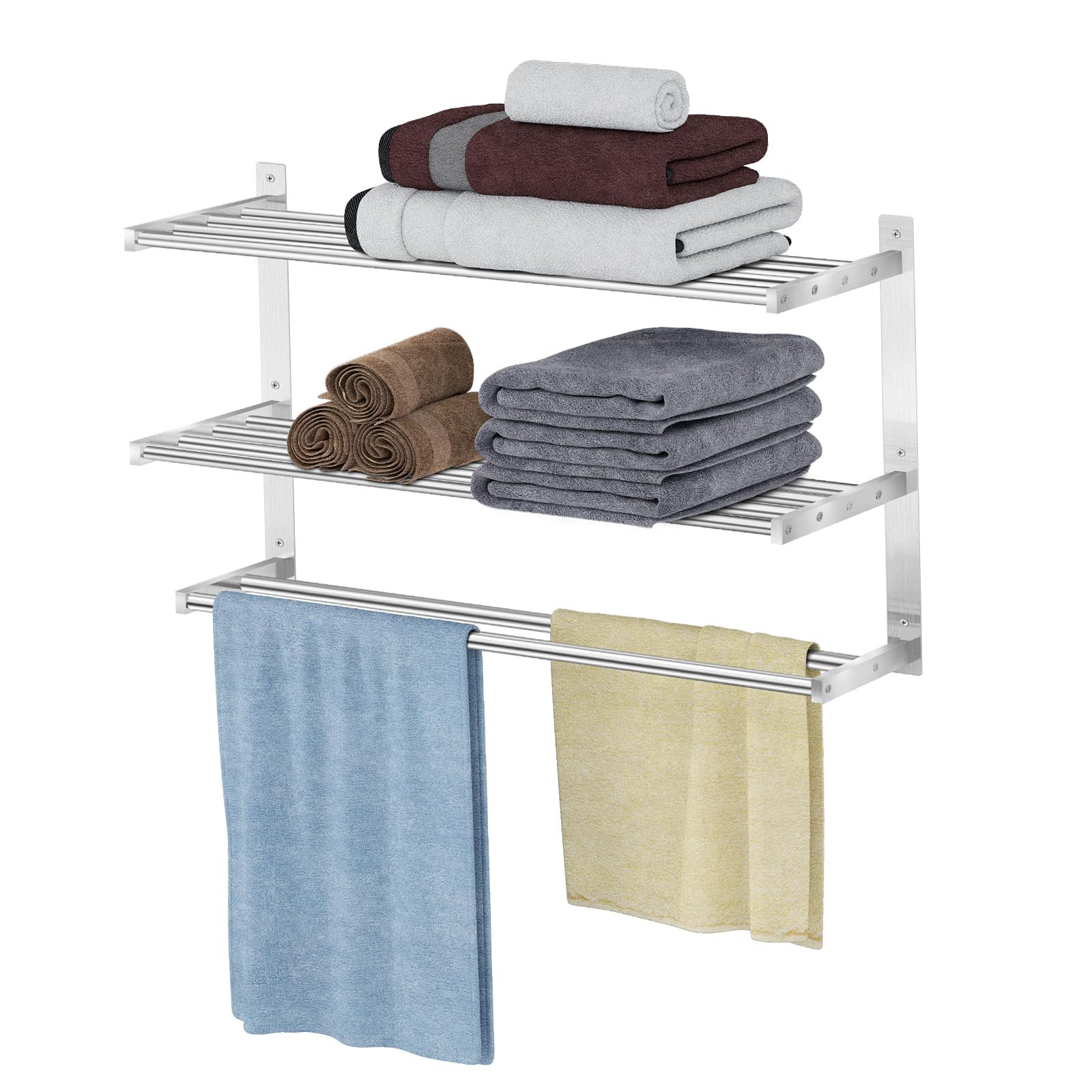 Towel Rack with Shelf 24 inch, 3 Tier Towel Racks for Bathroom Wall Mounted, Stainless Steel Bathroom Shelf with Double Towel Ba