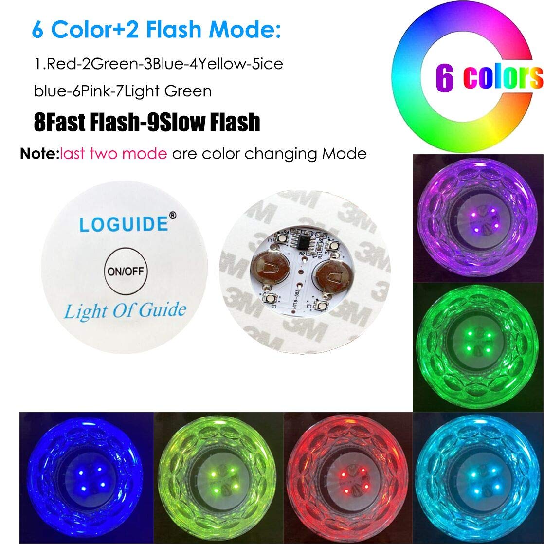 LOGUIDE LED Coaster 12 Pack Light Up Coasters 7Colors RGB LED Bottle Lights Bottle Glorifier  LED Sticker Coaster Discs Light Up for Drinks Flash Light Up Cup Coaster Flashing Shots Light (Multicolor)