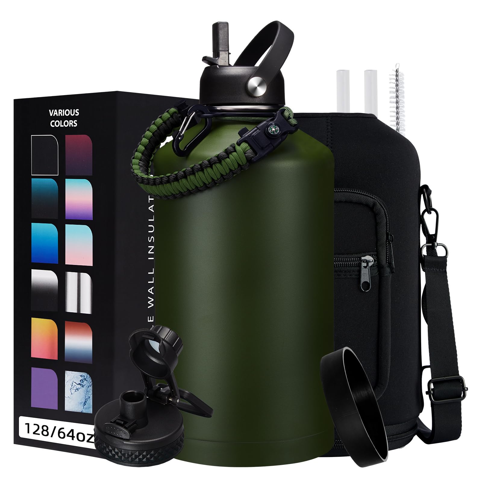 128 OZ Insulated Water-Bottles with Strap - 1 Gallon Water Jug with Straw & Spout Lid, Stainless Steel Large Water Bottle Leak P