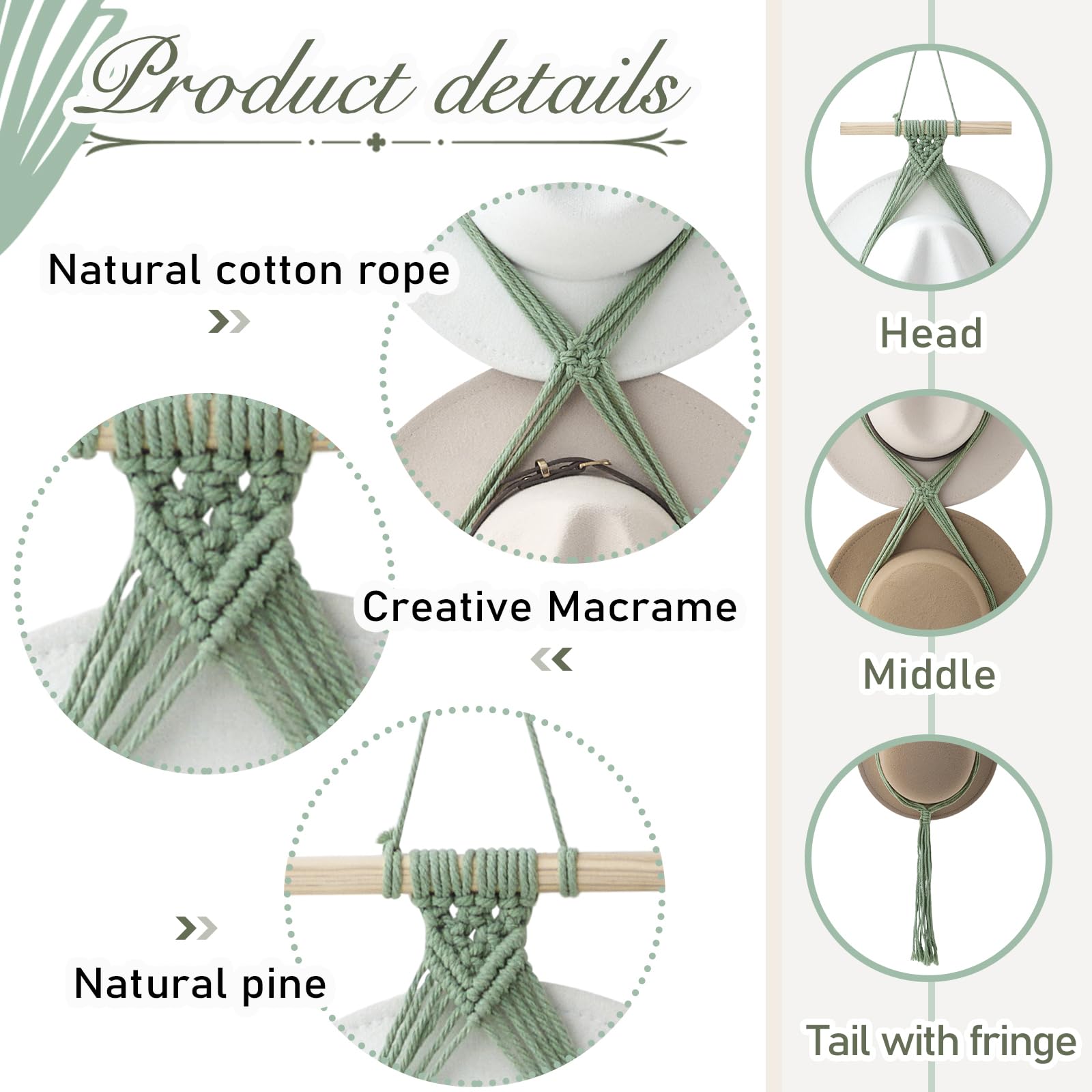 Yulejo Macrame Hat Hangers Boho Hat Rack Cowboy Hat Hanger Back Of Door Hat Organizer (Sage Green,Four Hats Style)