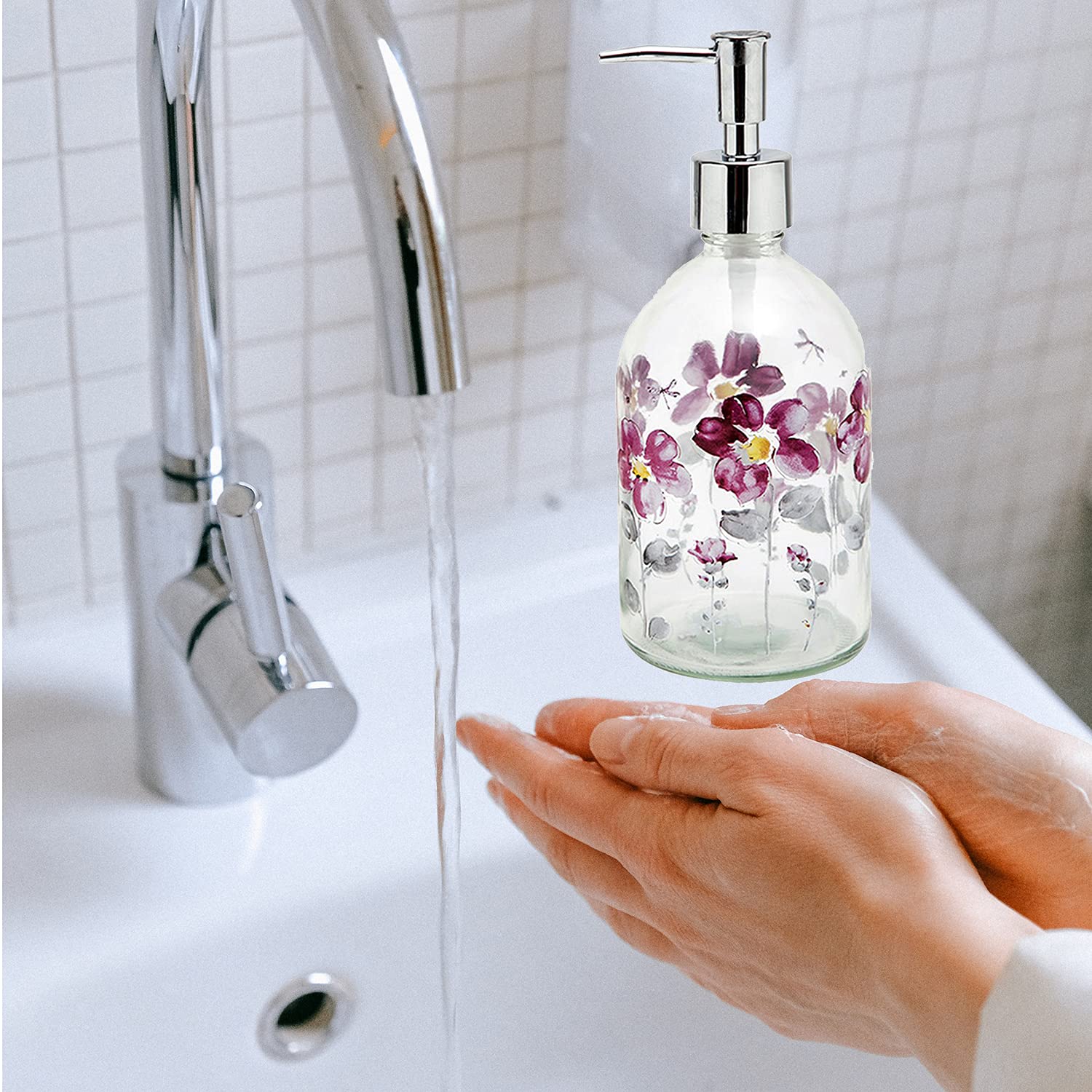 17Oz Flower Glass Soap Dispenser Bottle With Plastic Pump