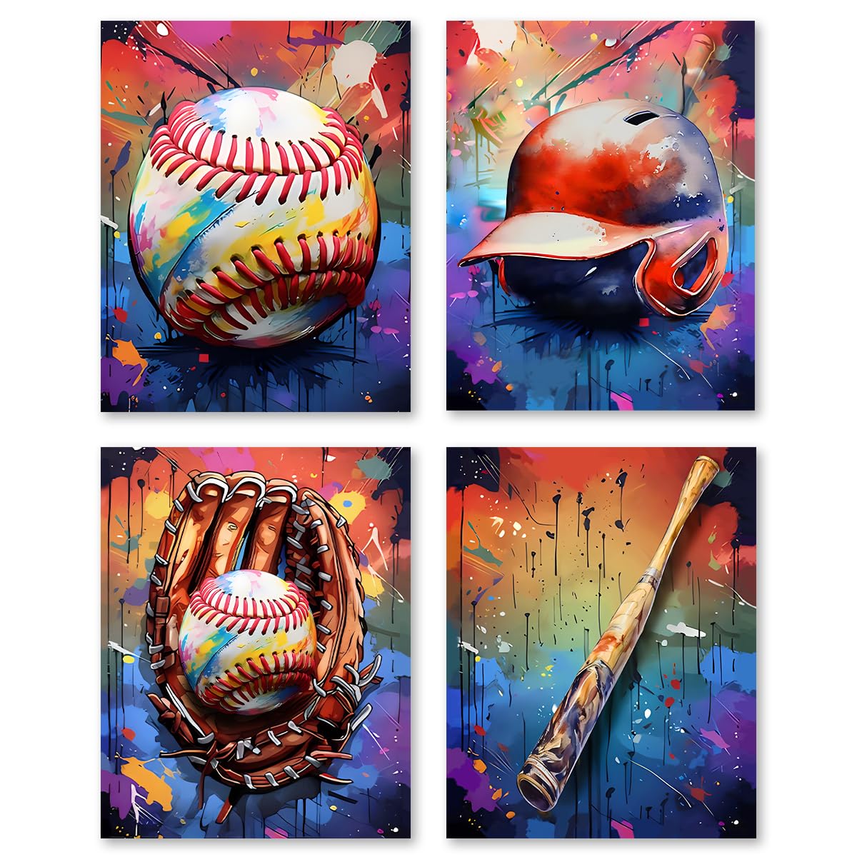 Baseball Wall Art Canvas Prints,Vintage Sports Graffiti Art Posters,Boys Room Man Cave Bedroom Retro Cool Wall Decor Set of 4 (8