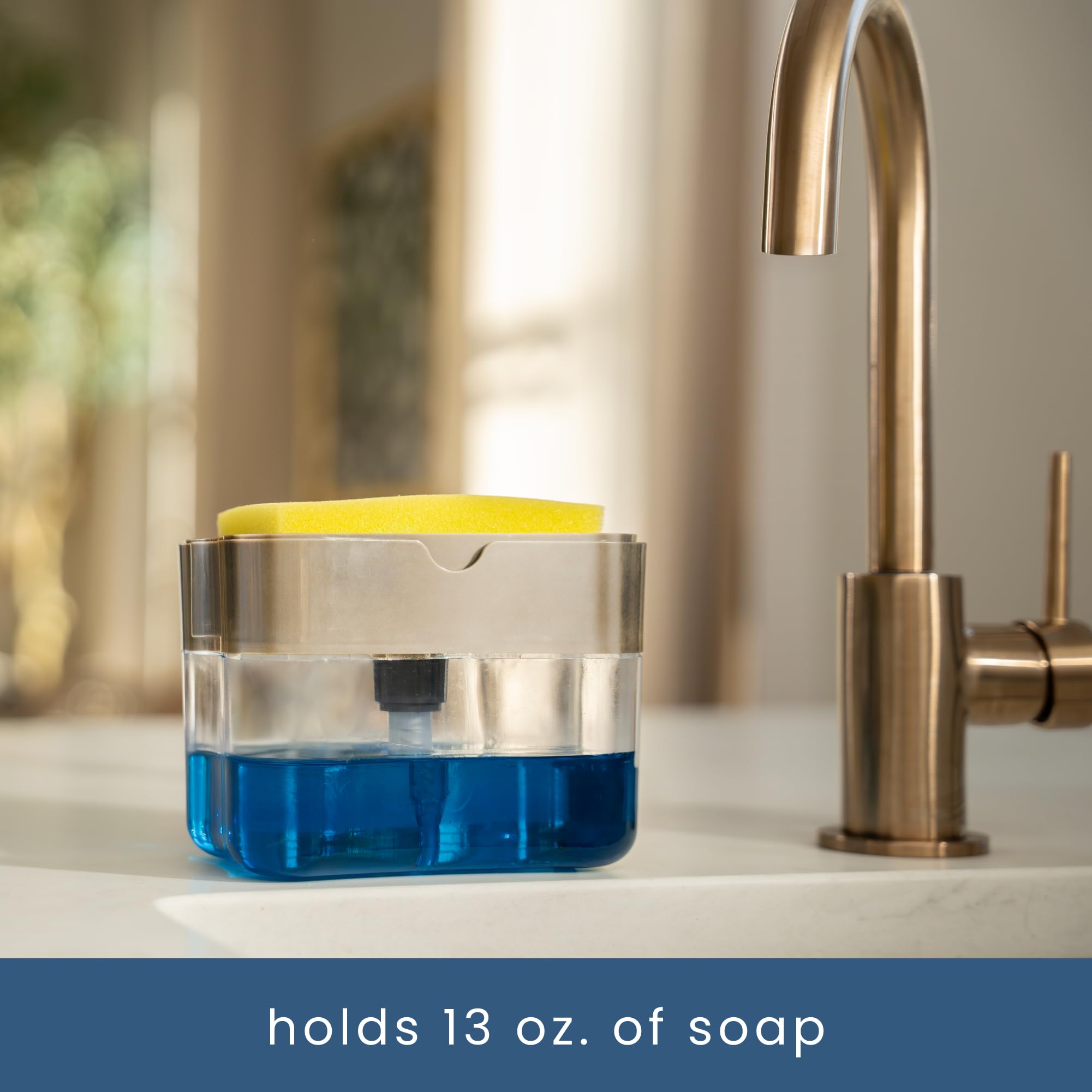S&T INC. Dish Soap Dispenser and Sponge Holder for Kitchen Sink  Sponge Included  13 Ounces  Metallic Silver