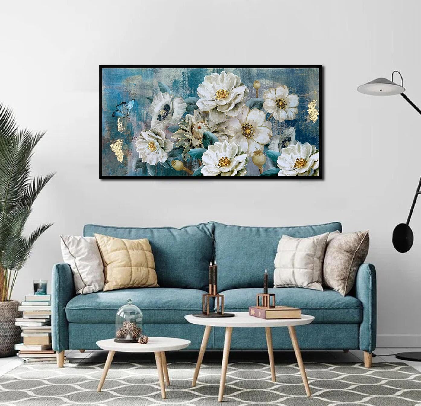 Arjun Flowers Canvas Wall Art White Elegant Modern Picture Gold Foil Colorful Painting Turquoise Floral Teal Artwork for Living Room Bedroom Bathroom Home Office Decor  Black Wood Framed Large 40''x20''