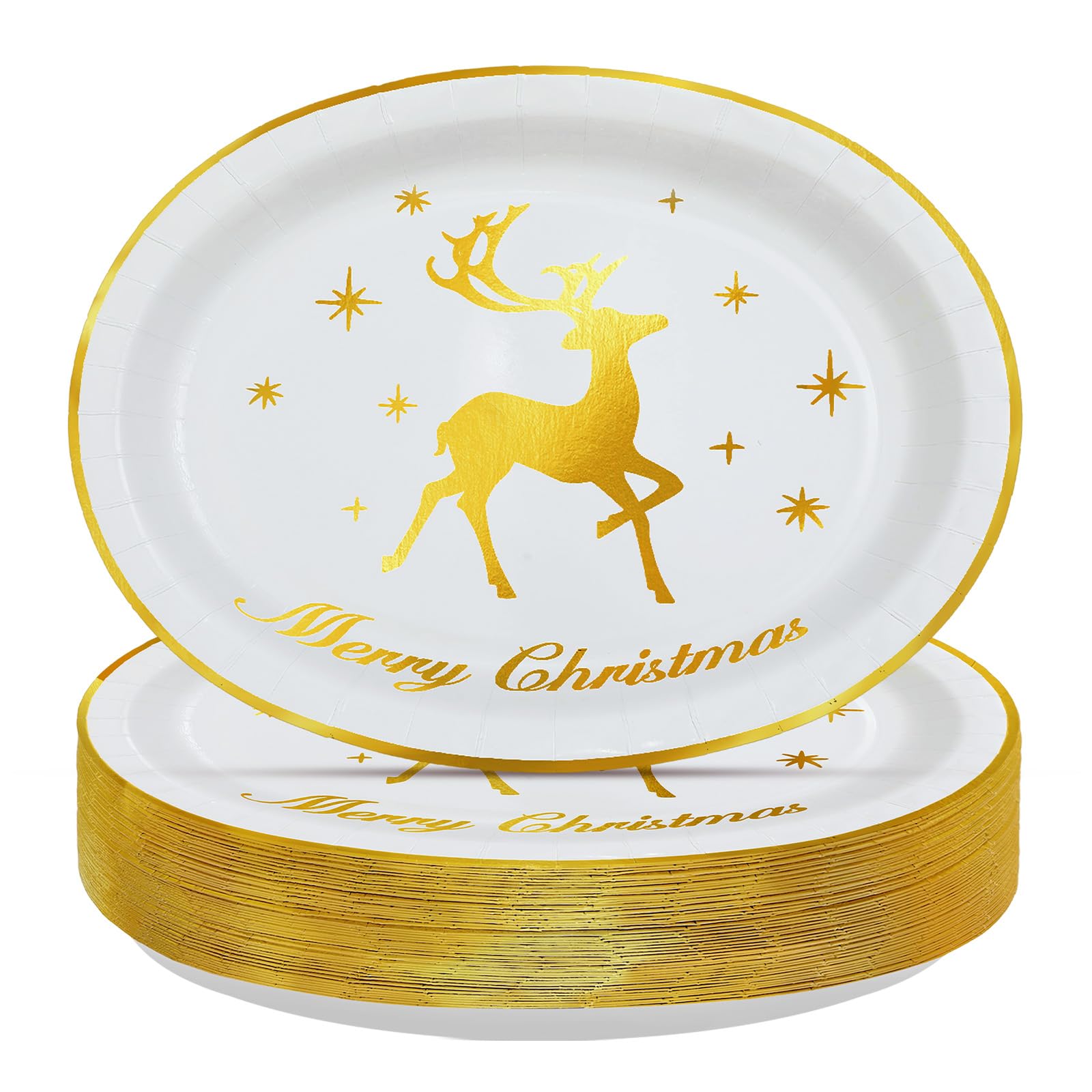 50Pcs Christmas Reindeer Oval Paper Plates 10 x 12 Large Disposable Heavy Duty Merry Christmas Gold Foil Party Plates Xmas Elk D