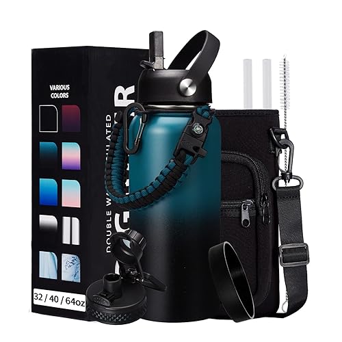 Vacuum Insulated Water Bottle 32oz - with Straw & Spout Lids  Paracord Handle  Shoulder Carrier Bag  Large Sport Stainless Steel Water Bottle  Double-wall Metal Water Bottle Thermal Hydro Mug Flask