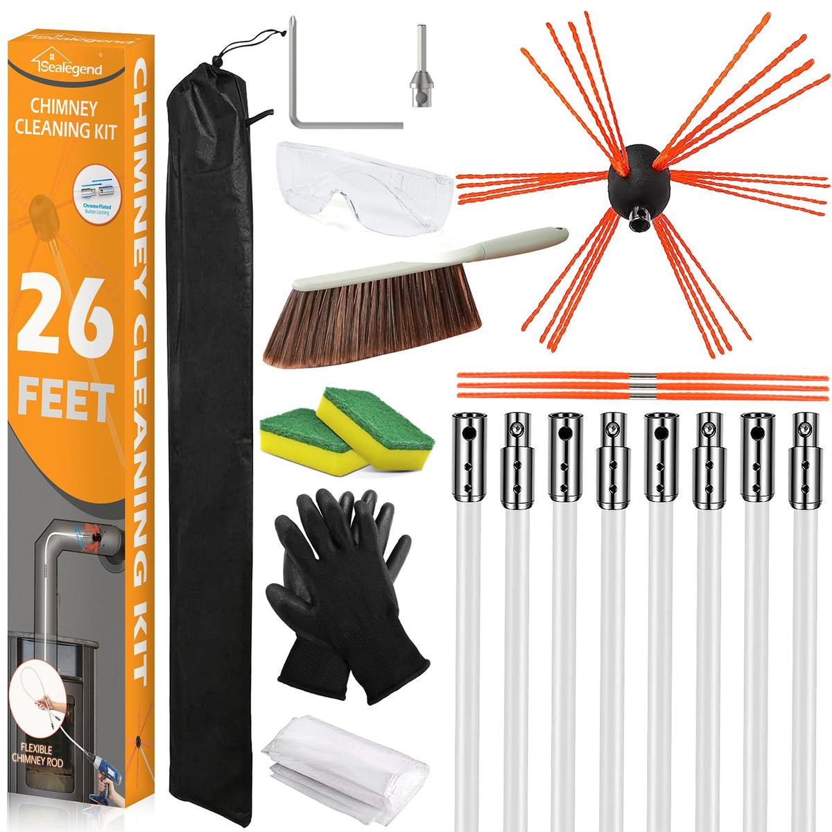 Sealegend 26 Feet Chimney Sweep Kit Chimney Brush Chimney Cleaning Kit And Rotary Chimney Cleaning System Fireplace Brush Tool W