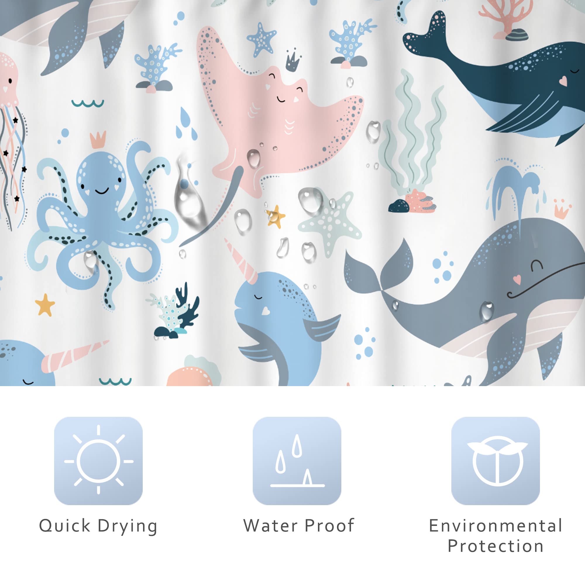 Riyidecor Ocean Whale Kids Shower Curtain 60Wx72H Inch Underwater Cartoon Animal Octopus Jellyfish Sea Life Cute Pink Blue Seawe