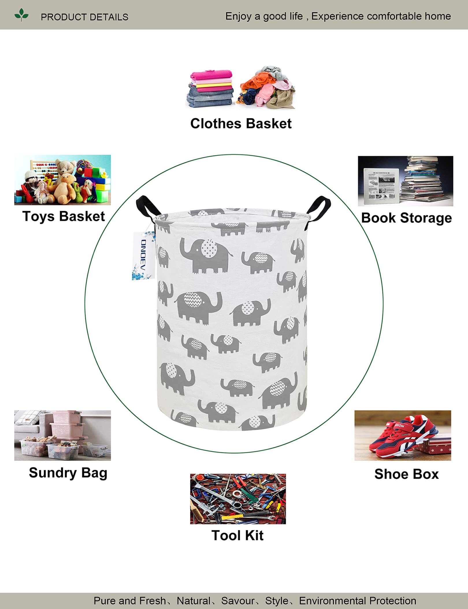 ONOEV Round waterproof laundry basket?foldable storage basket?laundry Hampers with handle?gift basket suitable for children 's room and toy storage (Grey Elephant)