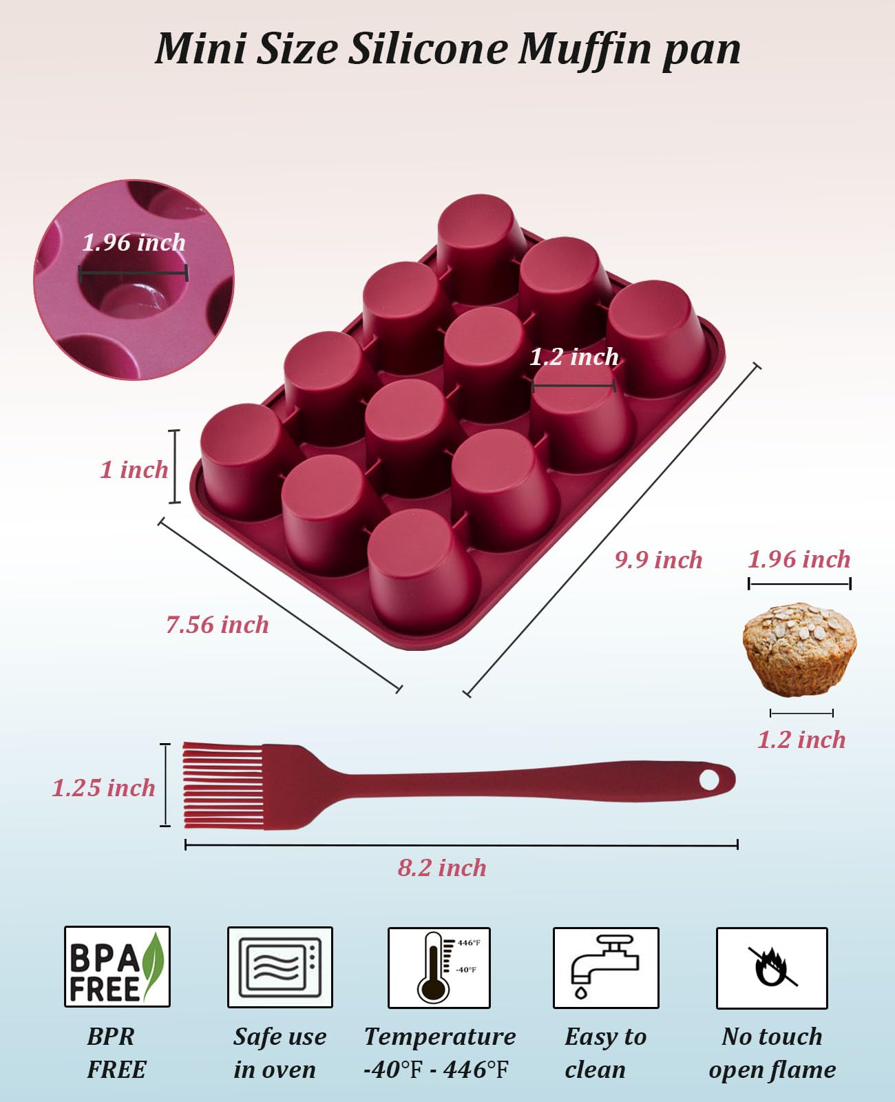 Sinoskye Silicone Mini Muffin Pan, 12-Cup Mini Cupcake Pan With Silicone Pastry Brush For Making Mini Egg Muffin, Keto Diet, Bpa