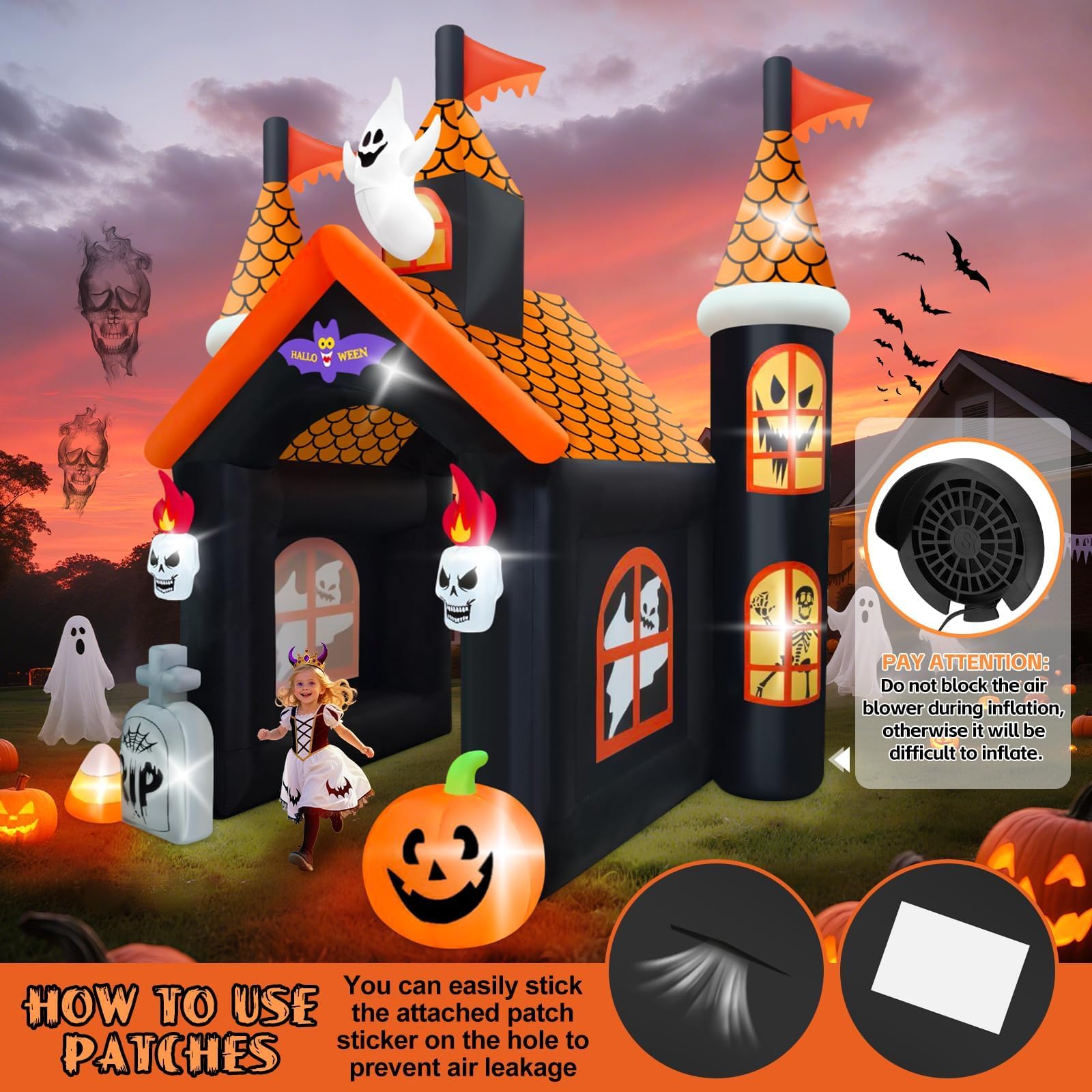 12FT Halloween Inflatable Archway with LED Light, Kalolary Large Haunted House Inflatable Ghost Pumpkin Blow up Tunnel Halloween