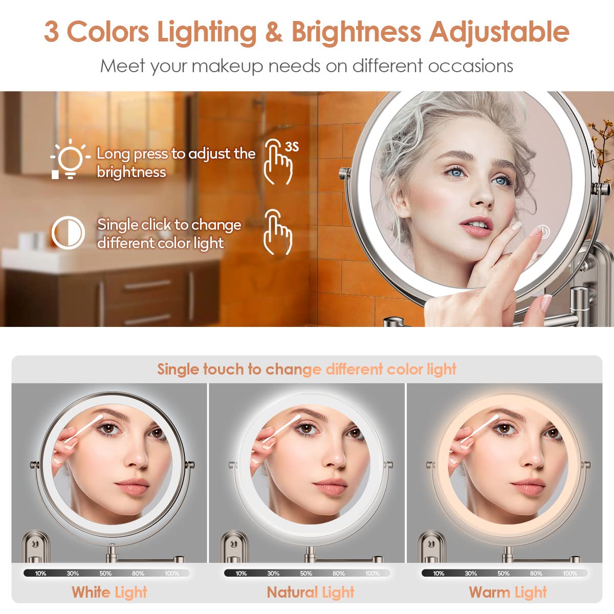 Rocollos Two-Fingers-Width Narrow Base Rechargeable Wall Mounted Lighted Makeup Mirror,3 Color Lights Dimmable Touch Screen,8 In