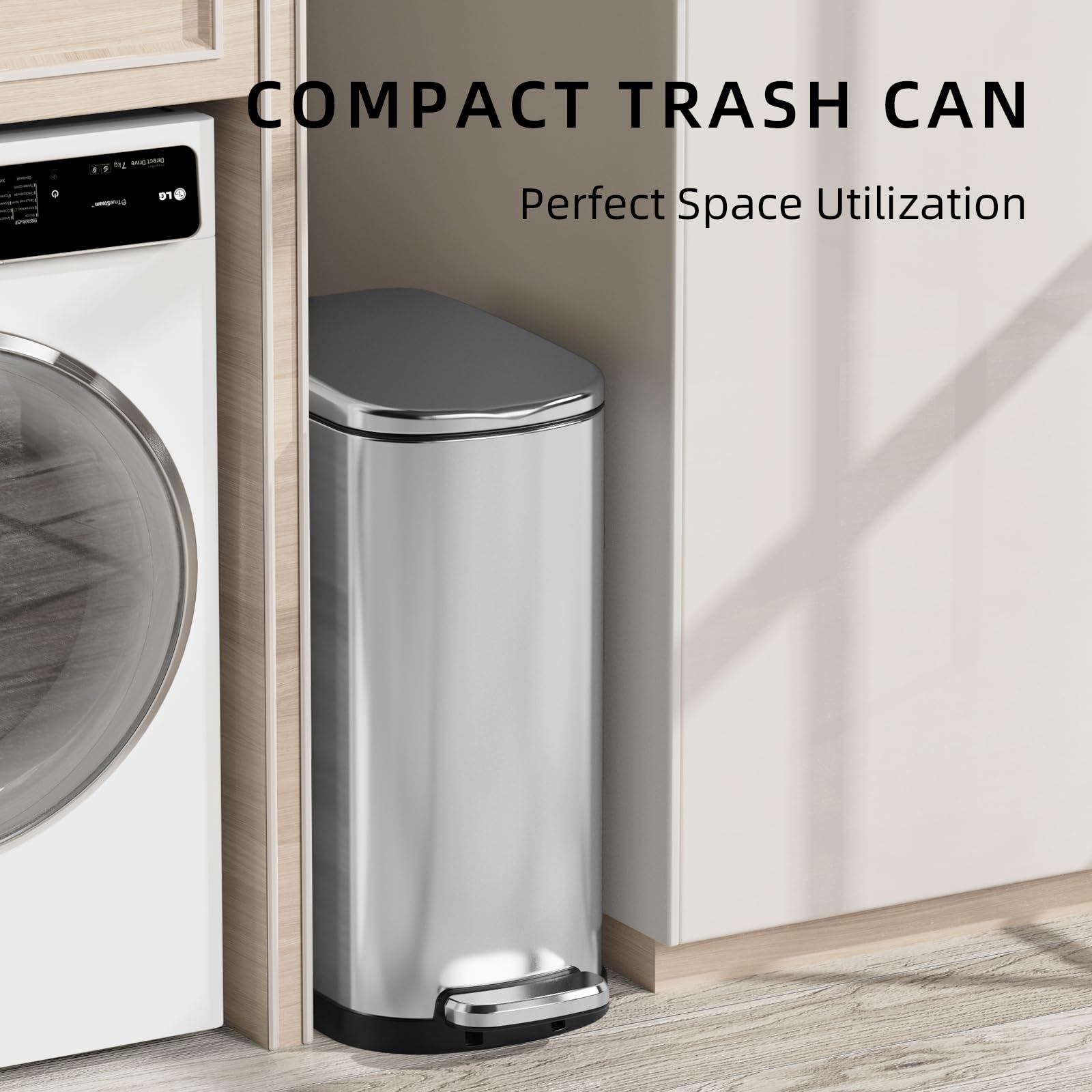 Kuk Slim Bathroom Trash Can With Lid, 2.6 Gallon (10 L) Stainless Steel Step Small Garbage Can With Removable Inner Bucket, Soft