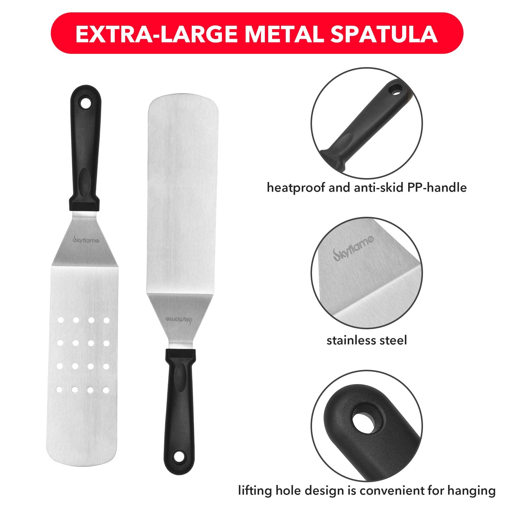 Skyflame 3 Piece Griddle Accessories Kit, Stainless Steel Professional Long Bbq Grill Spatula/Turner & Scraper Set For Flat Top