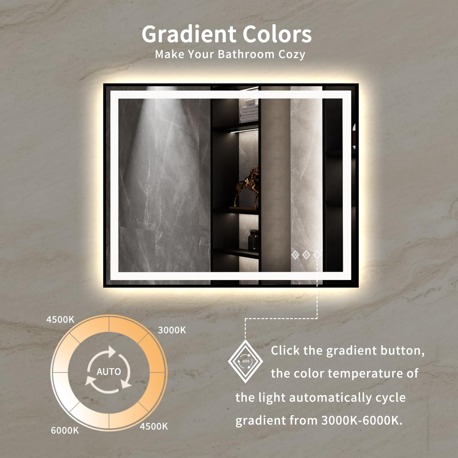 Vanpokins Led Mirror, 40X32 Inch Black Framed Gradient Front And Backlit Bathroom Mirror With Lights, 3 Colors Dimmable Cri>90,