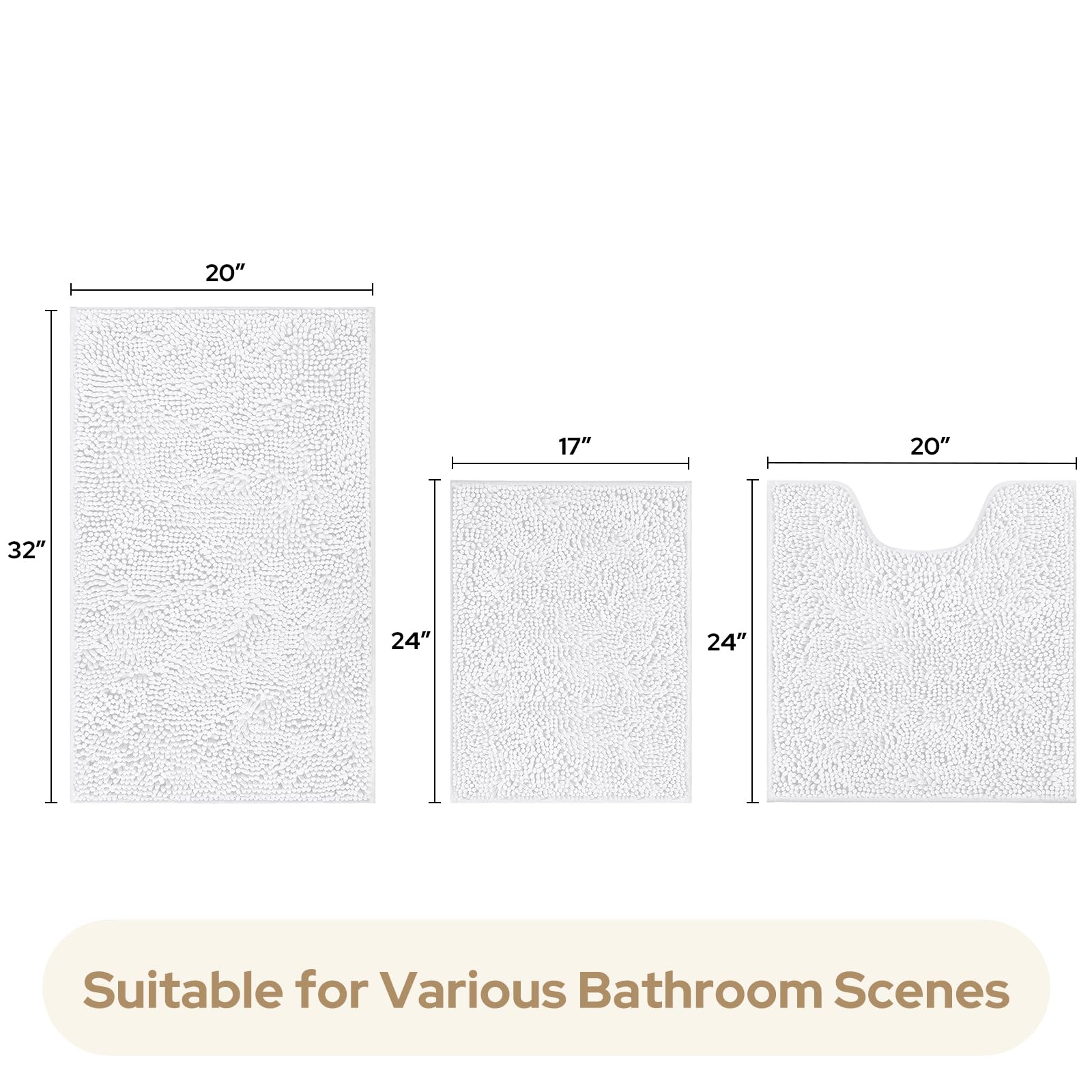HOMEIDEAS 3 Pieces Bathroom Rugs  Ultra Soft Non Slip Absorbent Chenille Toilet Bath Mat Set (White)