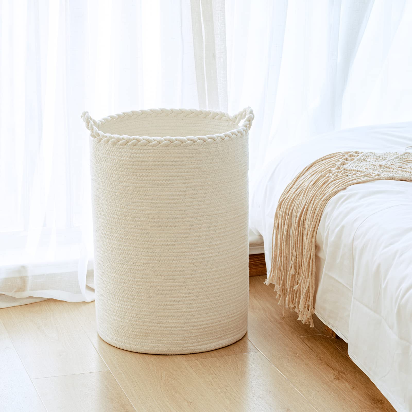 Homlikelan 58L Woven Laundry Basket,Cotton Tall Laundry Hamper For Blankets,Clothes,Pillows,Toys,Shoes Large Laundry Bin White