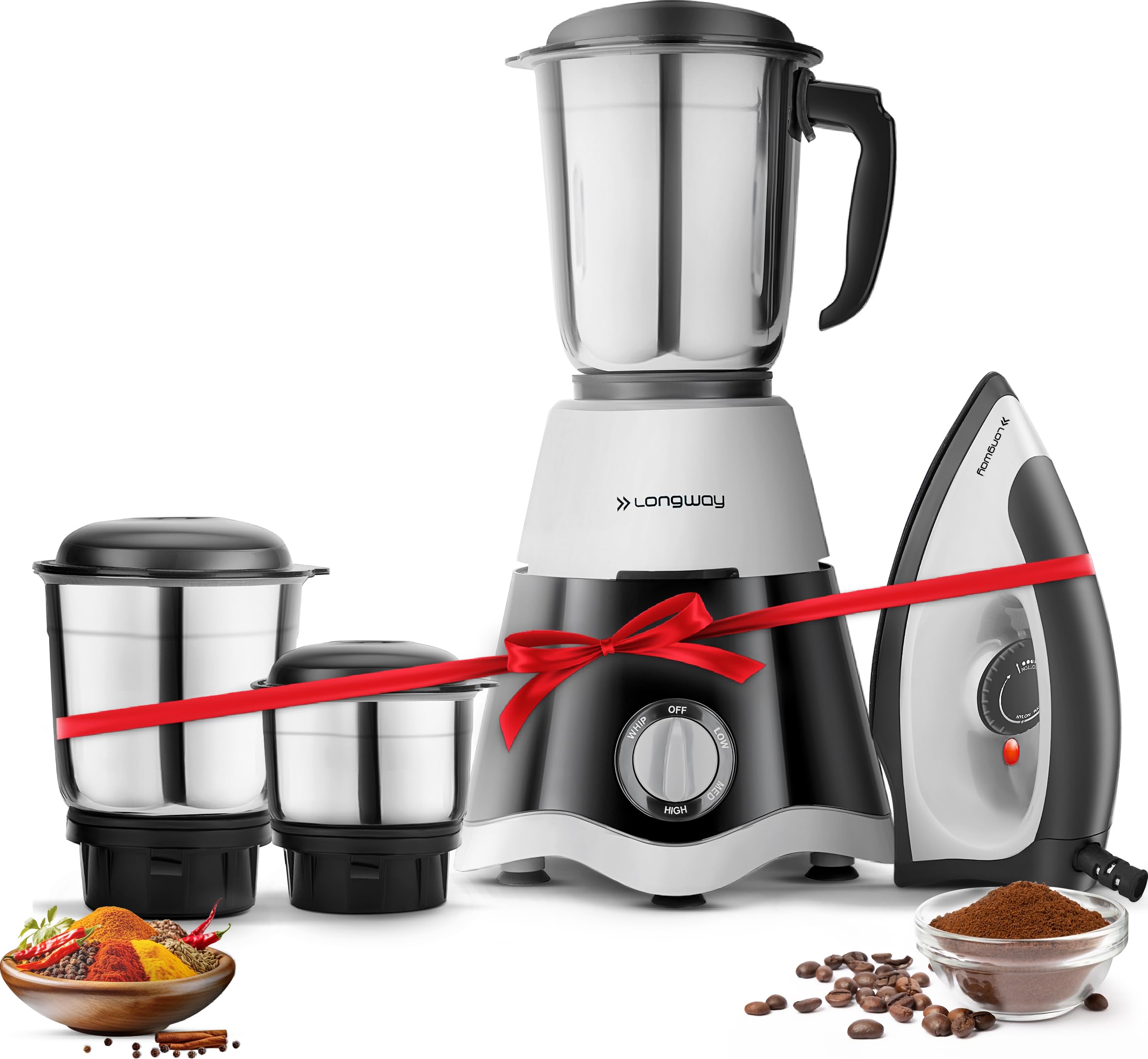 Longway Super Dlx Mixer Grinder With Kwid 1100W Dry Iron | Up To 700 Watt Powerful Motor | 3 Jars For Grinding, Mixing, Juicing 