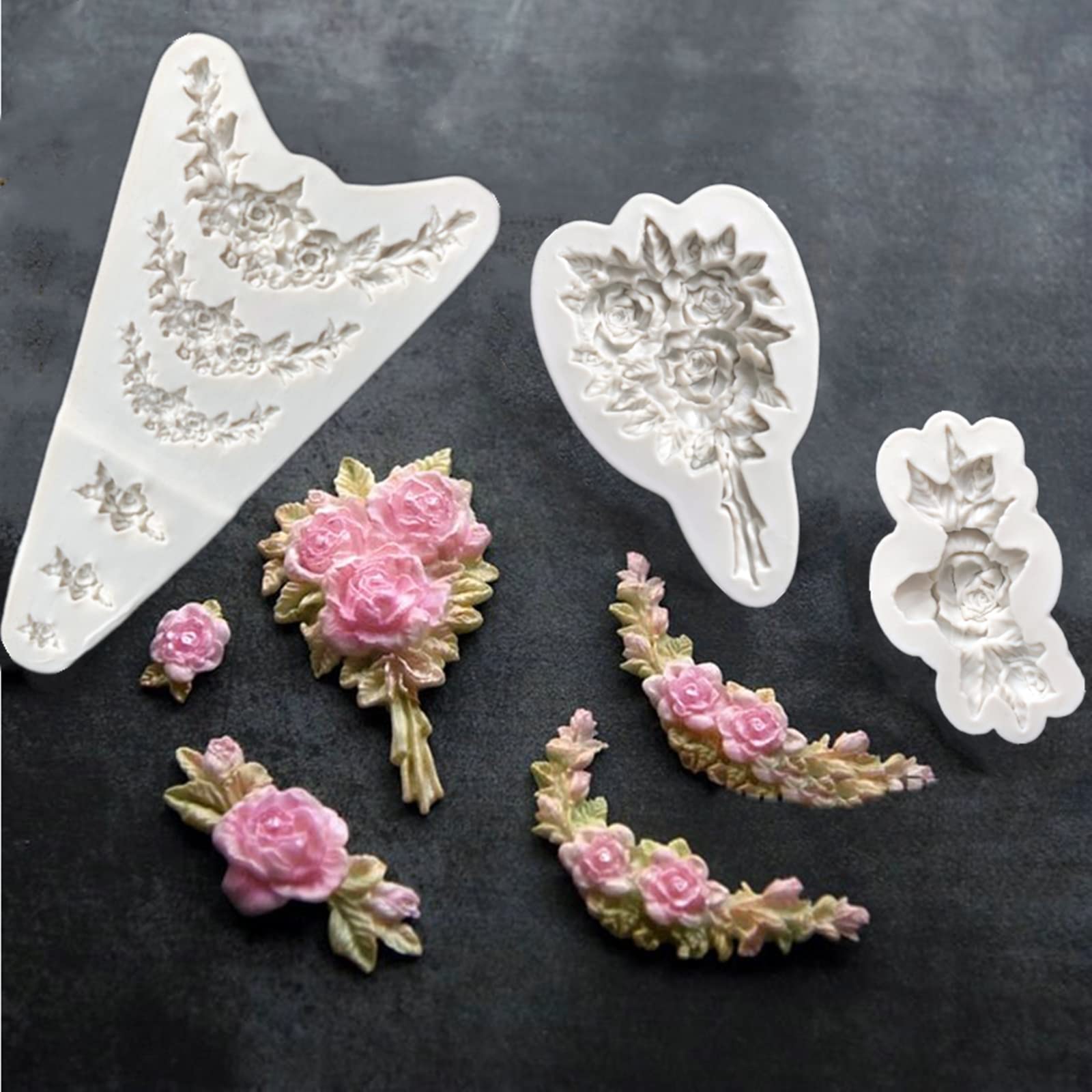 3Pcs Rose Wreath Flower Bouquet Leaves Fondant Molds For Wedding Cake Decorating Cupcake Topper Candy Chocolate Gum Paste Polyme