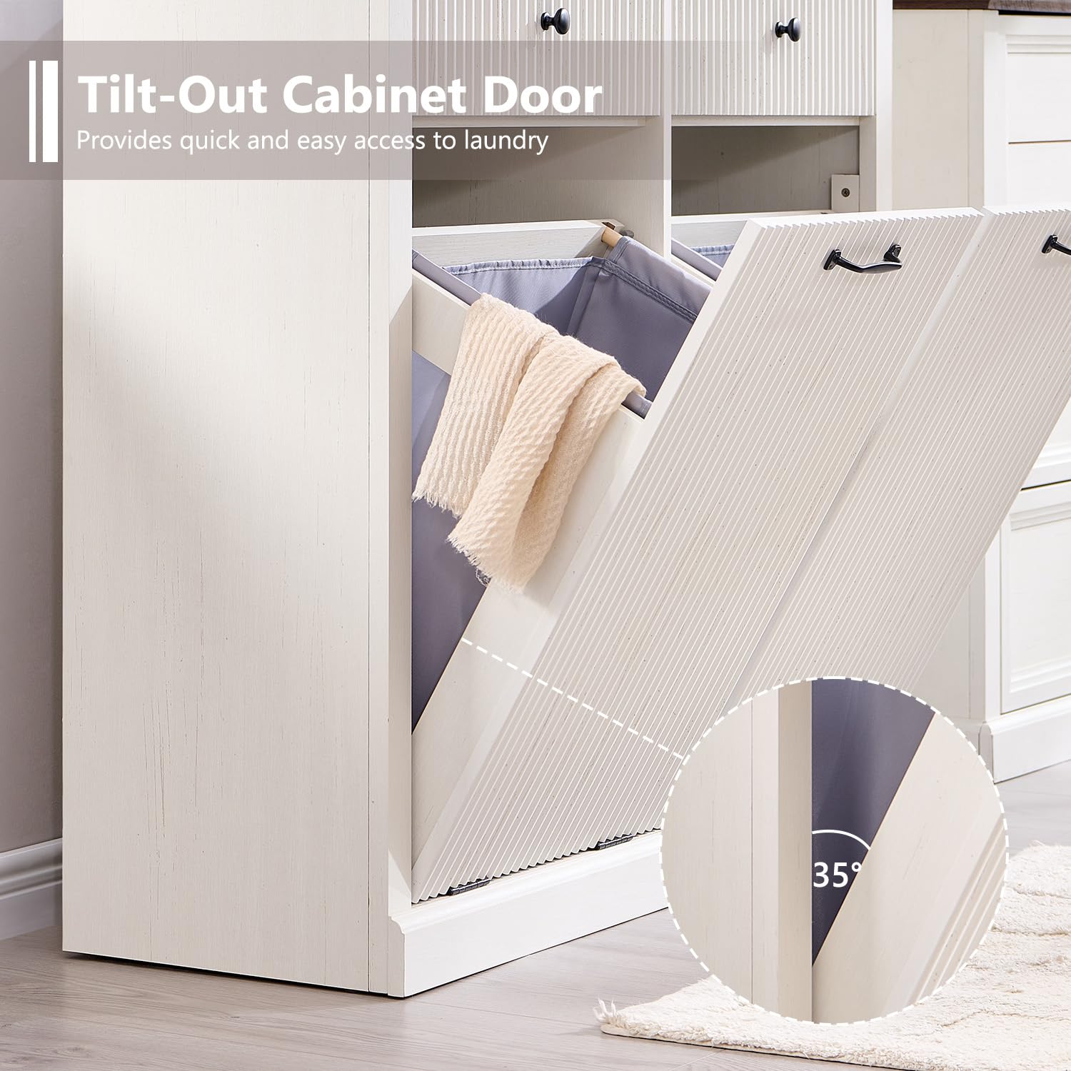 Ifbuy Modern Double Tilt-Out Laundry Hamper Cabinet, 20 Gallon Fluted Trash Can Cabinet W/2 Drawers, Wooden Hidden Garbage Can C