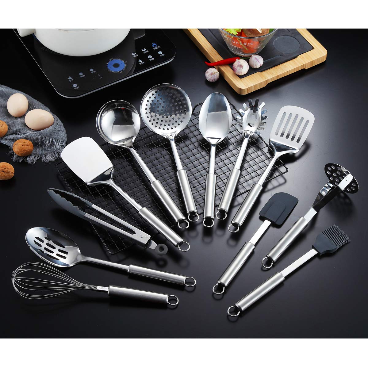 Berglander Cooking Utensil Set 13 Piece Stainless Steel Kitchen Tool Set with Holder  Include Cooking Spoon  Spatula  Whisk  Cooking Tong and etc. (13 Pieces)
