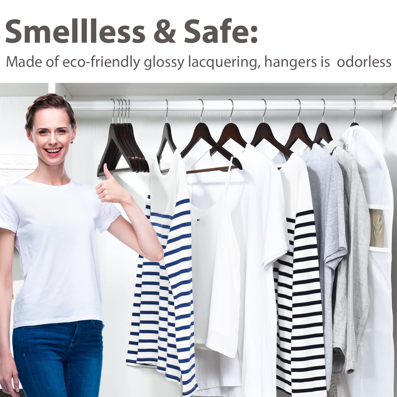 Edergoo Wooden Hangers 20 Pack, Durable And Slim Hangers Wood With Non Slip Pants Bar, Smooth Finish Wooden Suit Hangers, Walnut