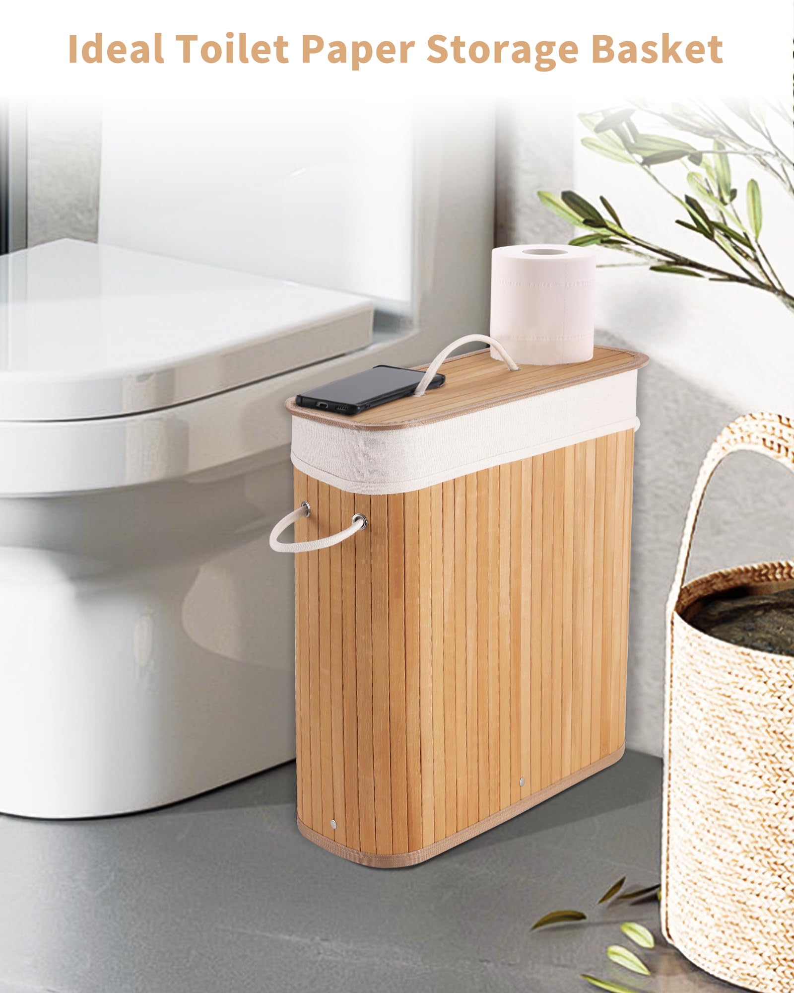 WAOHANAZ Bamboo Toilet Paper Storage with Lid & Handel, 8 Gallons (30L), Sturdy Toilet Paper Basket, Organizer for Bathroom, Kit
