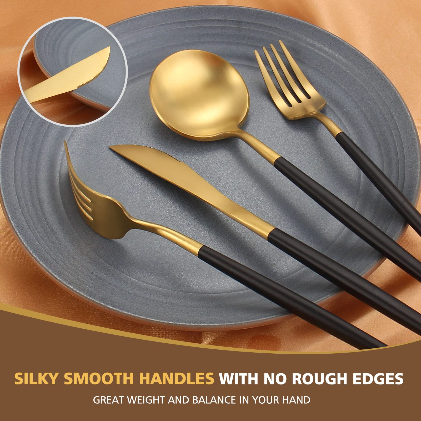 Matte Black Gold Silverware Set  Oliviola 20-Piece Stainless Steel Flatware Cutlery Set Service for 4  Satin Finish Kitchen Utensil Set  Dishwasher Safe