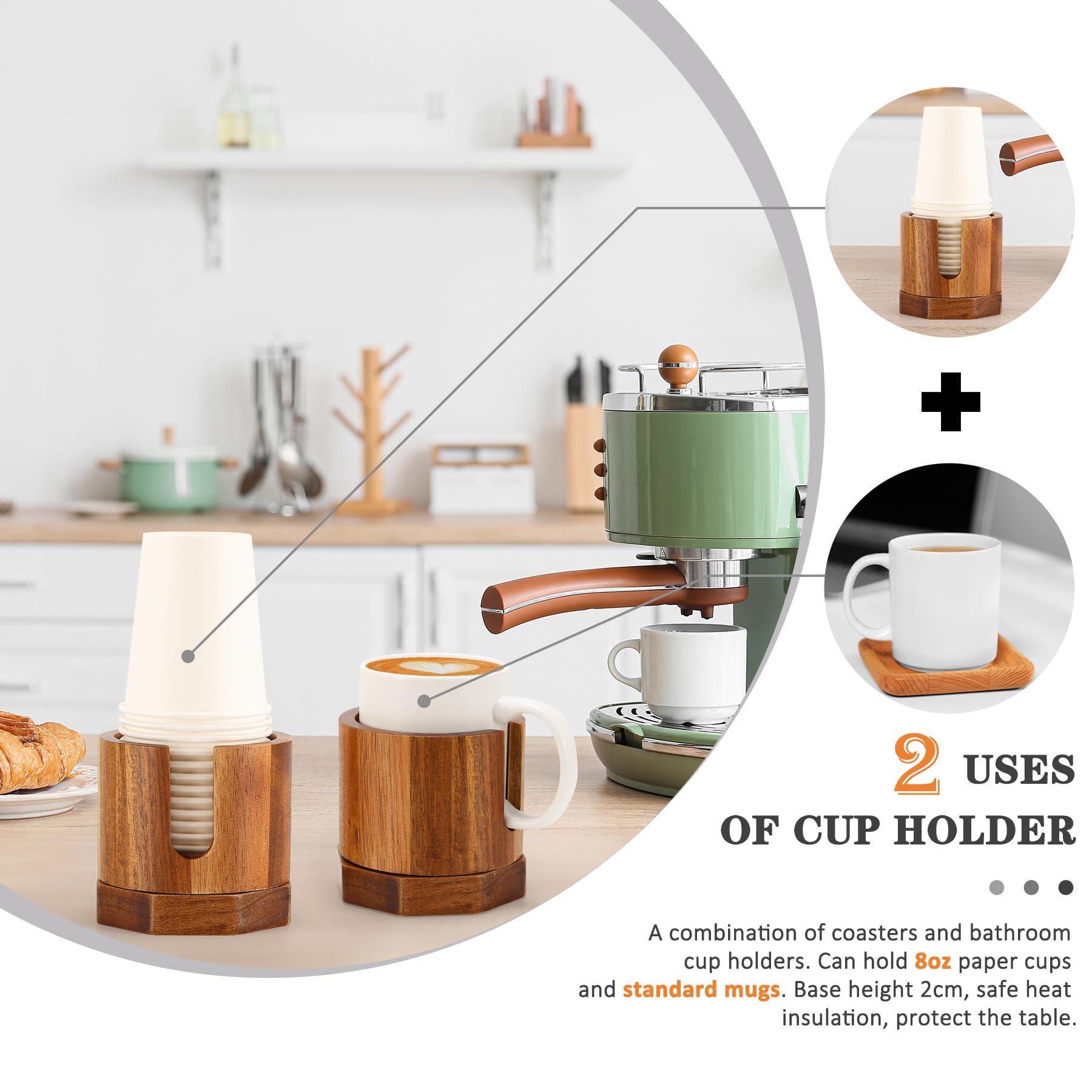 Nnewvante Cup Dispenser, 5-8Oz Bathroom Cup Holder, Acacia Wood Coffee Cup Dispenser, Dual-Purpose Paper Cup Holder & Anti-Spill