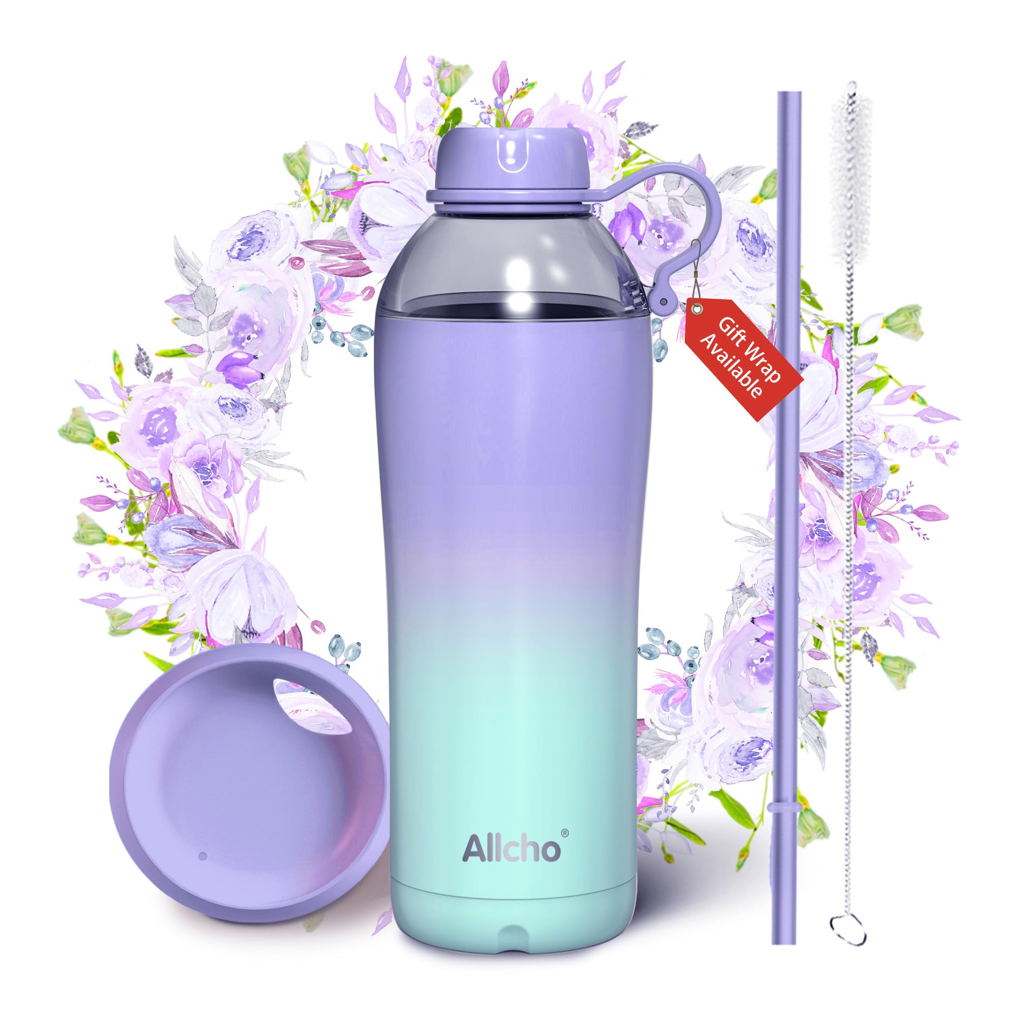 Allcho Insulated Water Bottle Christmas Gifts for Women, 18 oz Stainless Steel Water Bottles, Double Walled, 2 Lids (Chug & Tumb