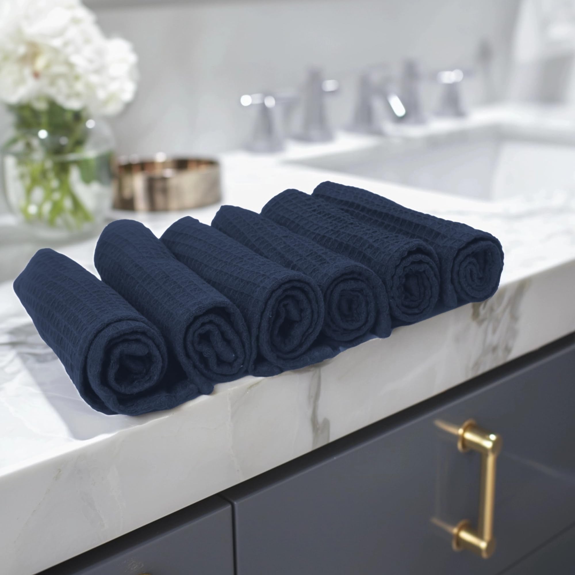 Encasa Xo Face And Hand Towels For Bath, Gym - 30X30 Cm | Navy | Set Of 6 - Quick Dry Waffle Weave Face Cloths - Reusable Dishcl