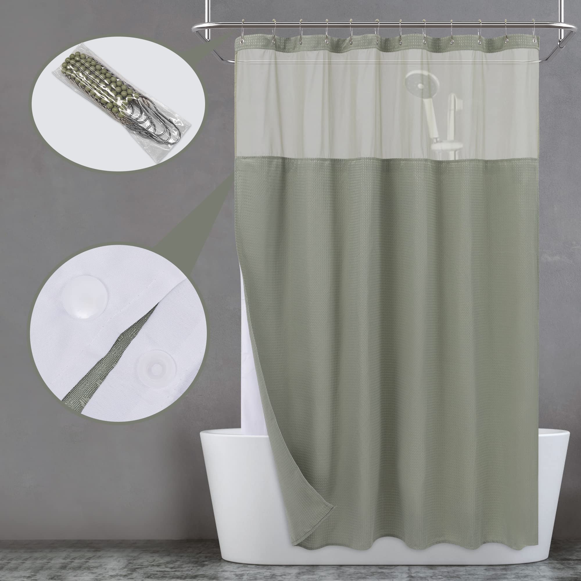 N&Y Home Extra Long Waffle Weave Shower Curtain With Snap-In Fabric Liner & Hooks Set - 71'' X 84'', Hotel Style & Mesh Top Wind