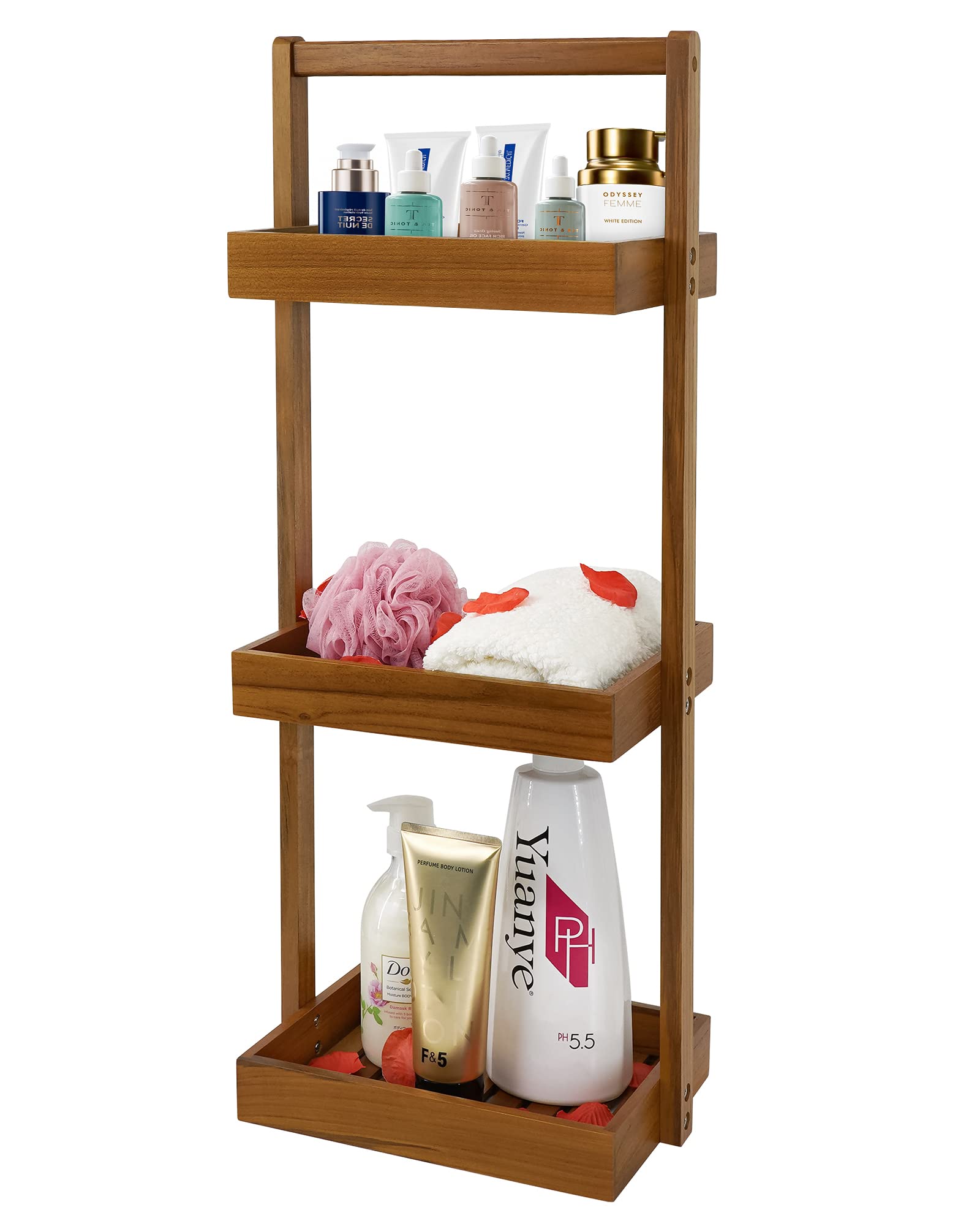 Utoplike Teak Shower Caddy Corner, 3 Tier Standing Shower Organizer Shelf With Handle, Wood Bathroom Stand Up Caddy Basket For S
