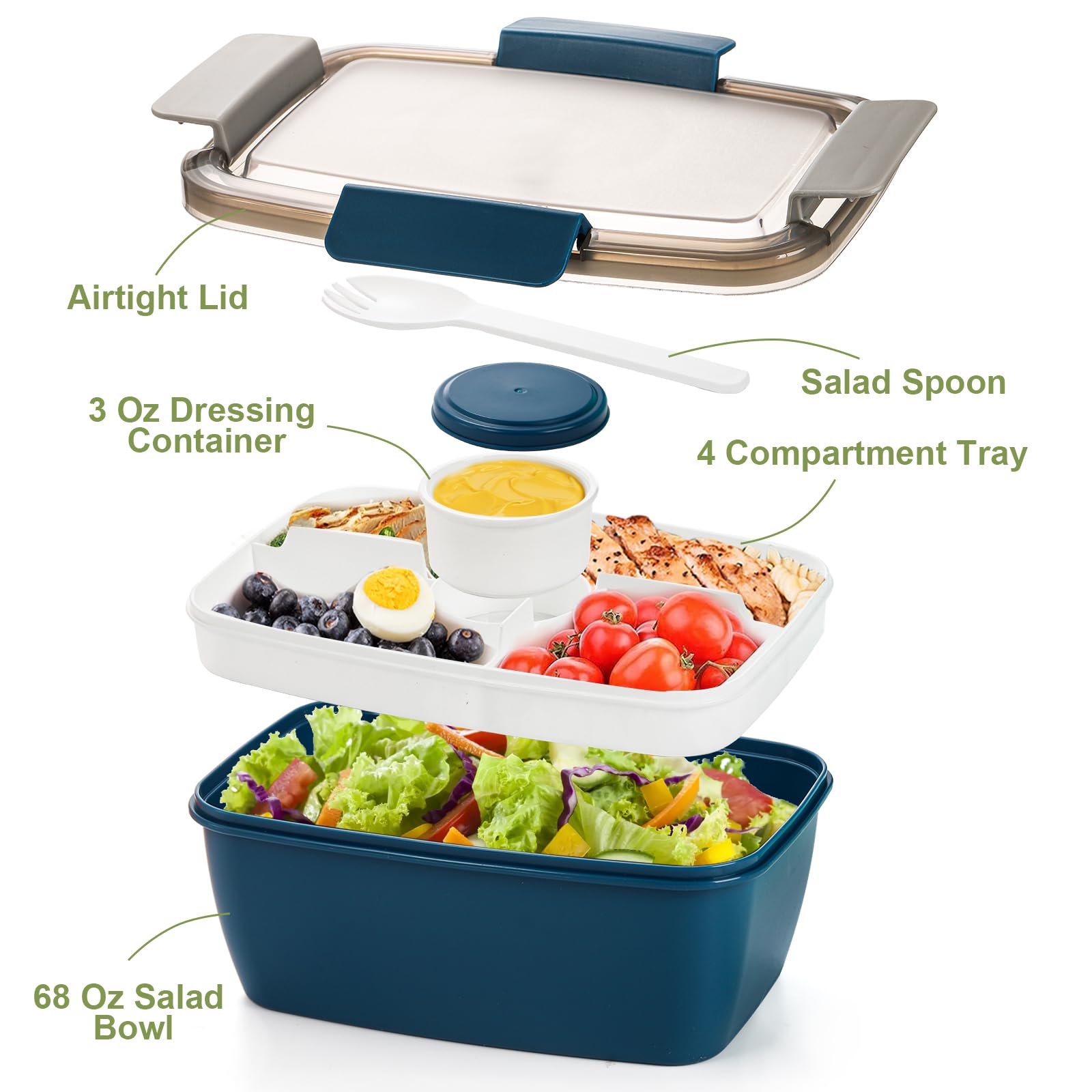 Youeon 3 Pcs 68 Oz Salad Lunch Container With 4 Compartment Tray, Bento Lunch Box With Spoon & Dressing Cup, Leakproof Salad Con