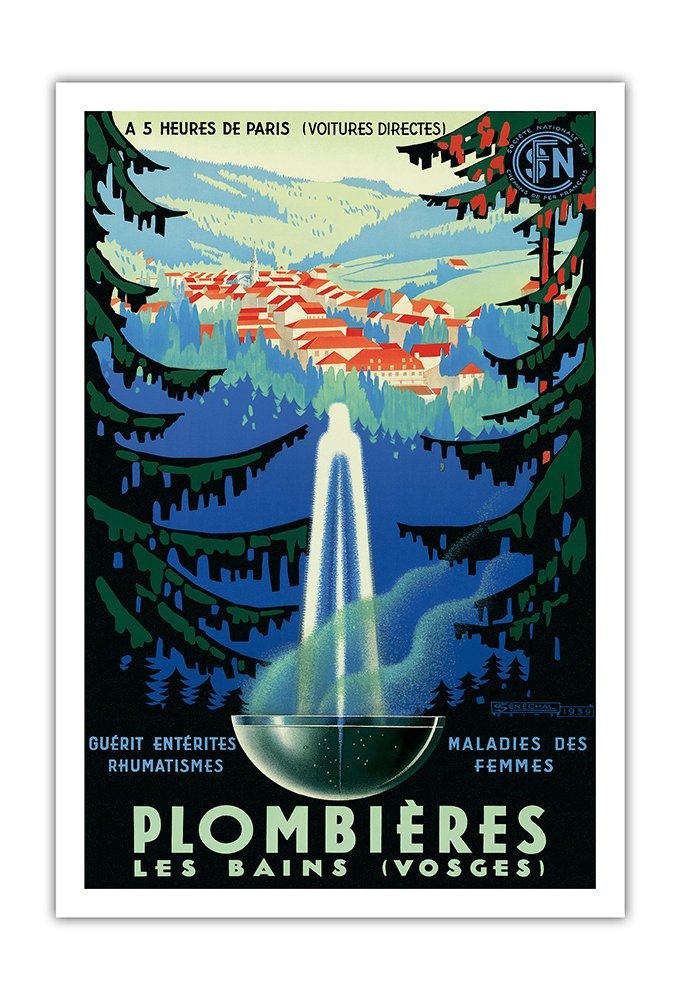 Pacifica Island Art Mineral Baths At Plombi   Res-Les-Bains, Vosges France - Vintage Travel Poster By Adrien S   N   Chal C.1939