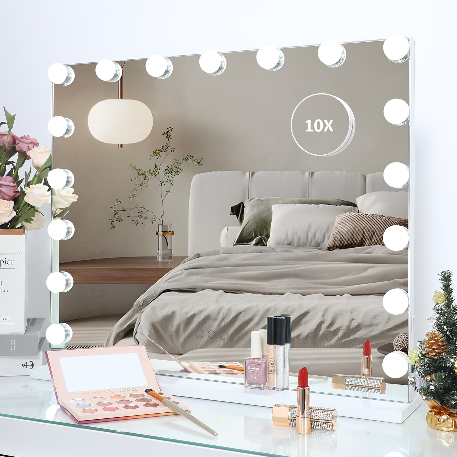 Hompen Hollywood Vanity Mirror Makeup Mirror With Lights, Touch Screen, 3 Color Modes Frameless Tabletop Mirror With 17 Dimmable