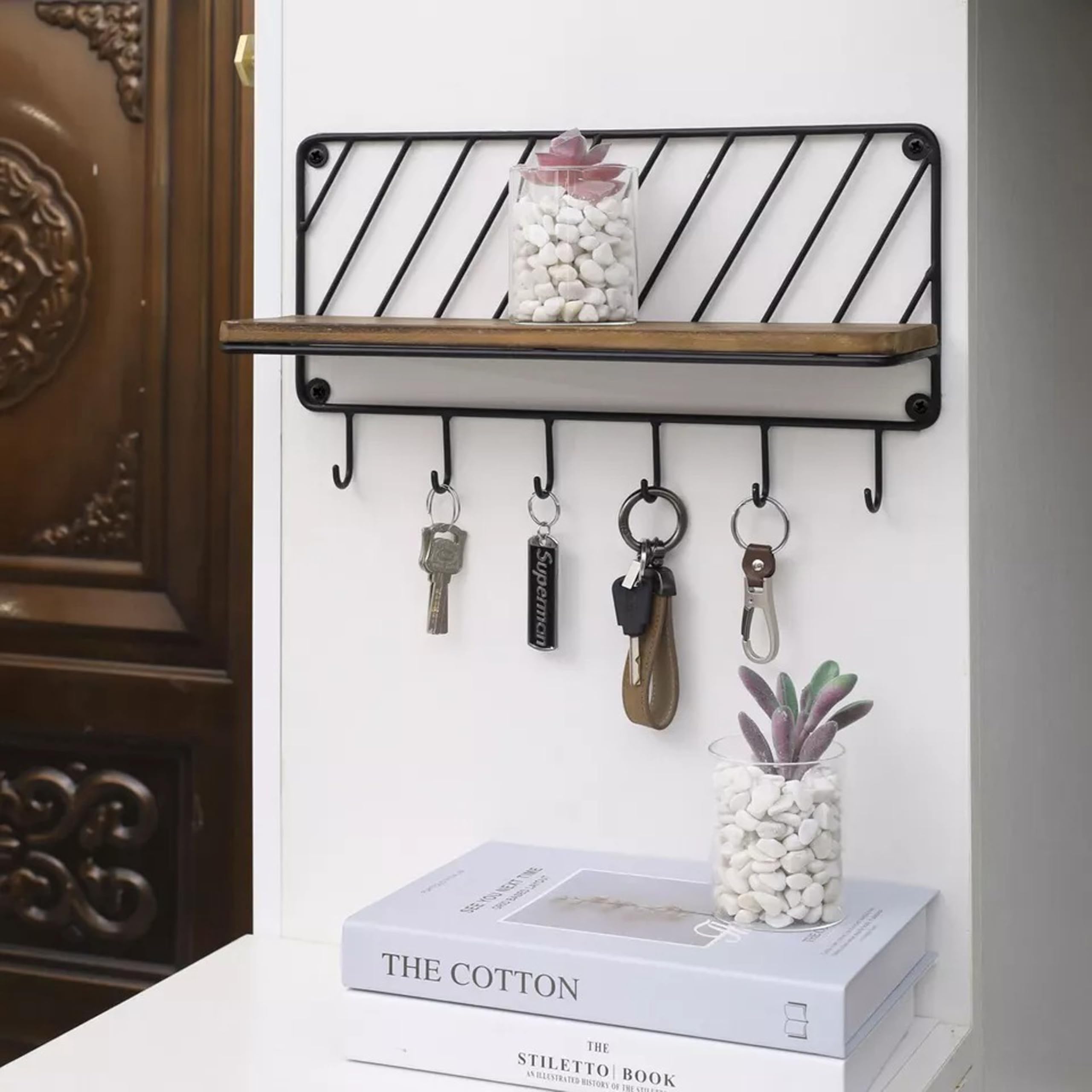Insight Arts Rustic Burnt Wood Shelf On A Wooden Wall And Matte Black Metal Key Hooks With A Display Shelves