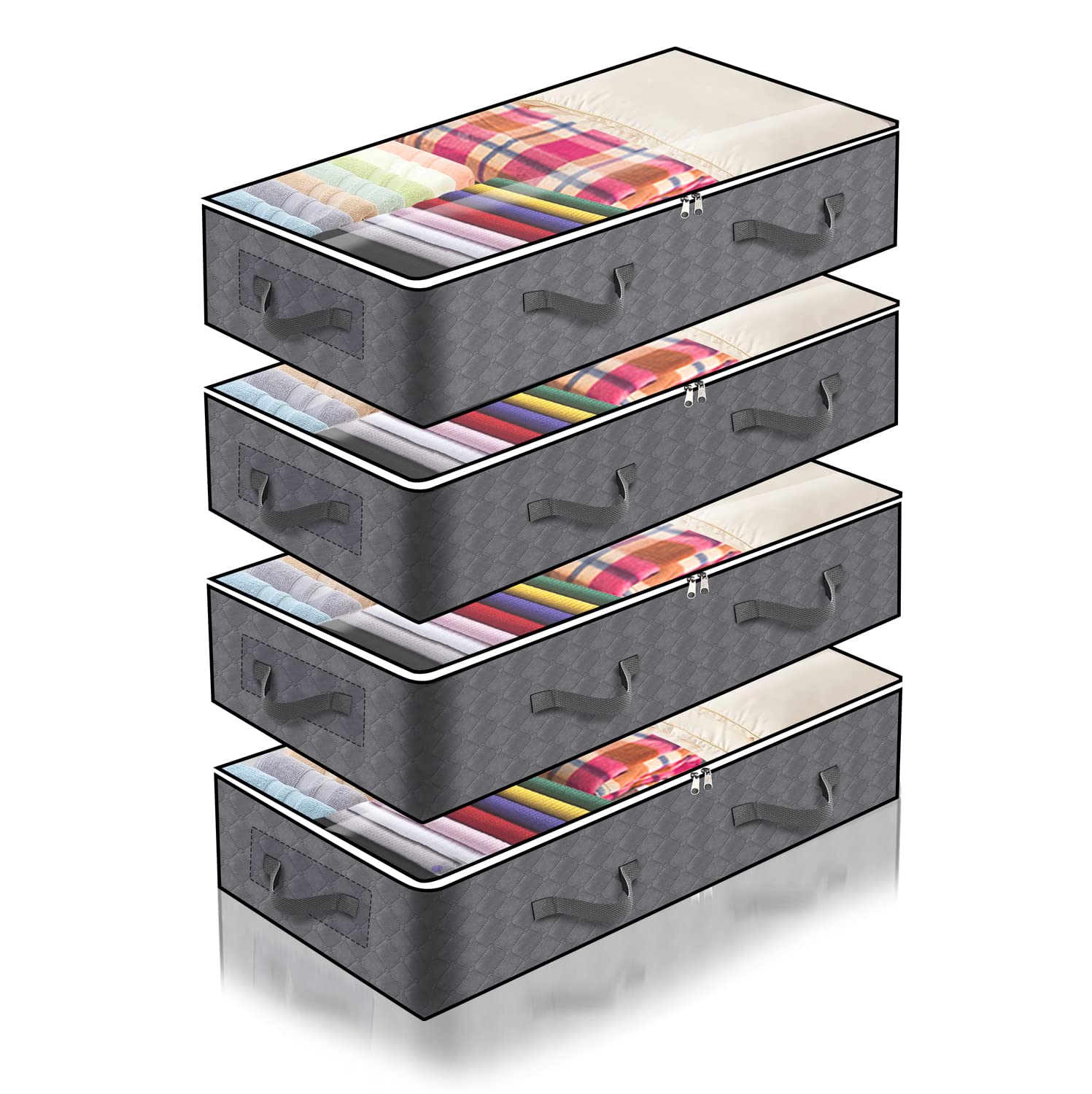 4 Pack Under Bed Storage Containers, 90L Large Capacity Foldable Underbed Storage Bags Organizer, Clothes Storage Bins with Clea