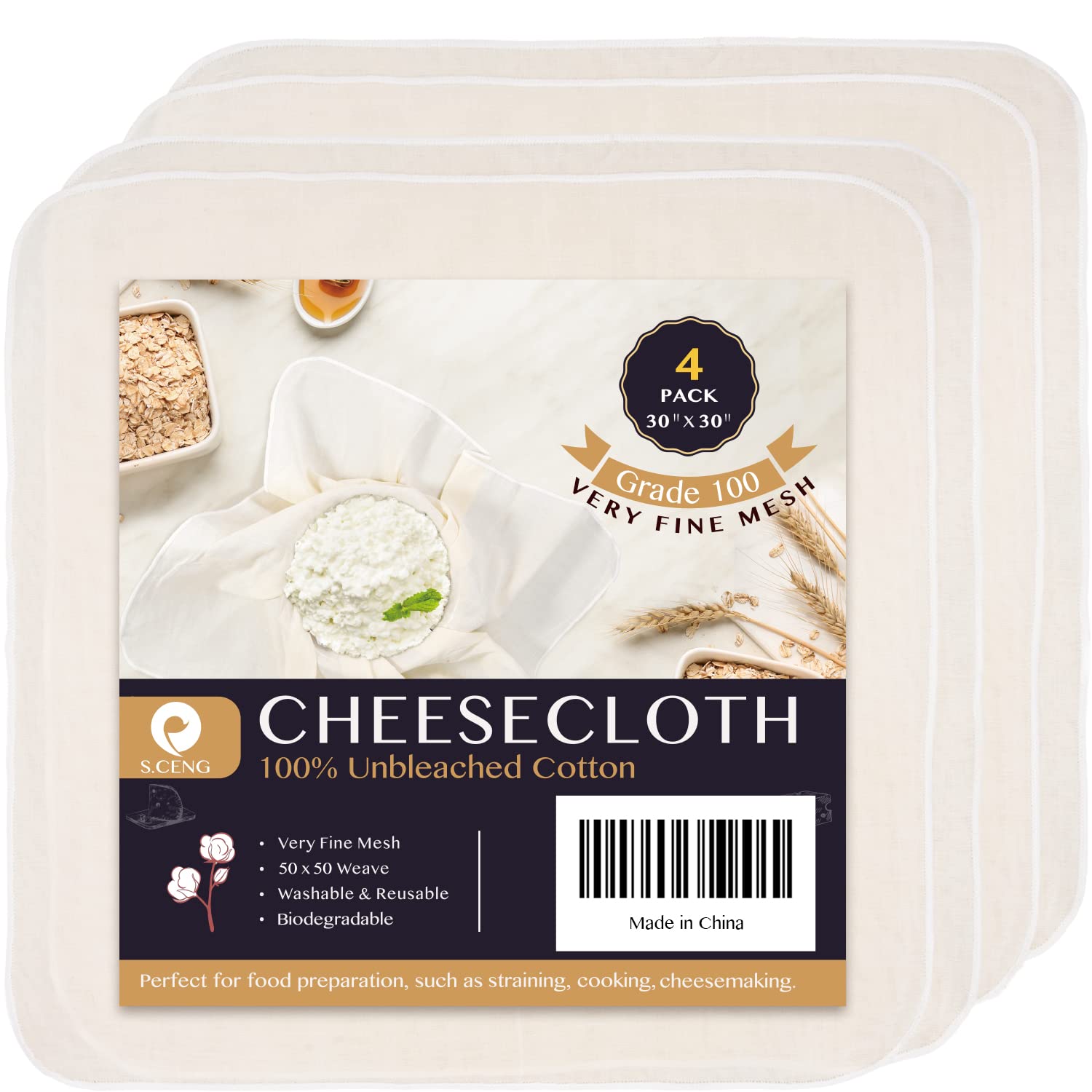 Precut Cheesecloth, 30 X 30'' 4 Pack, Grade 100, Ultra Fine For Straining & Cooking, 100% Unbleached Cotton Cheese Cloth For Mak