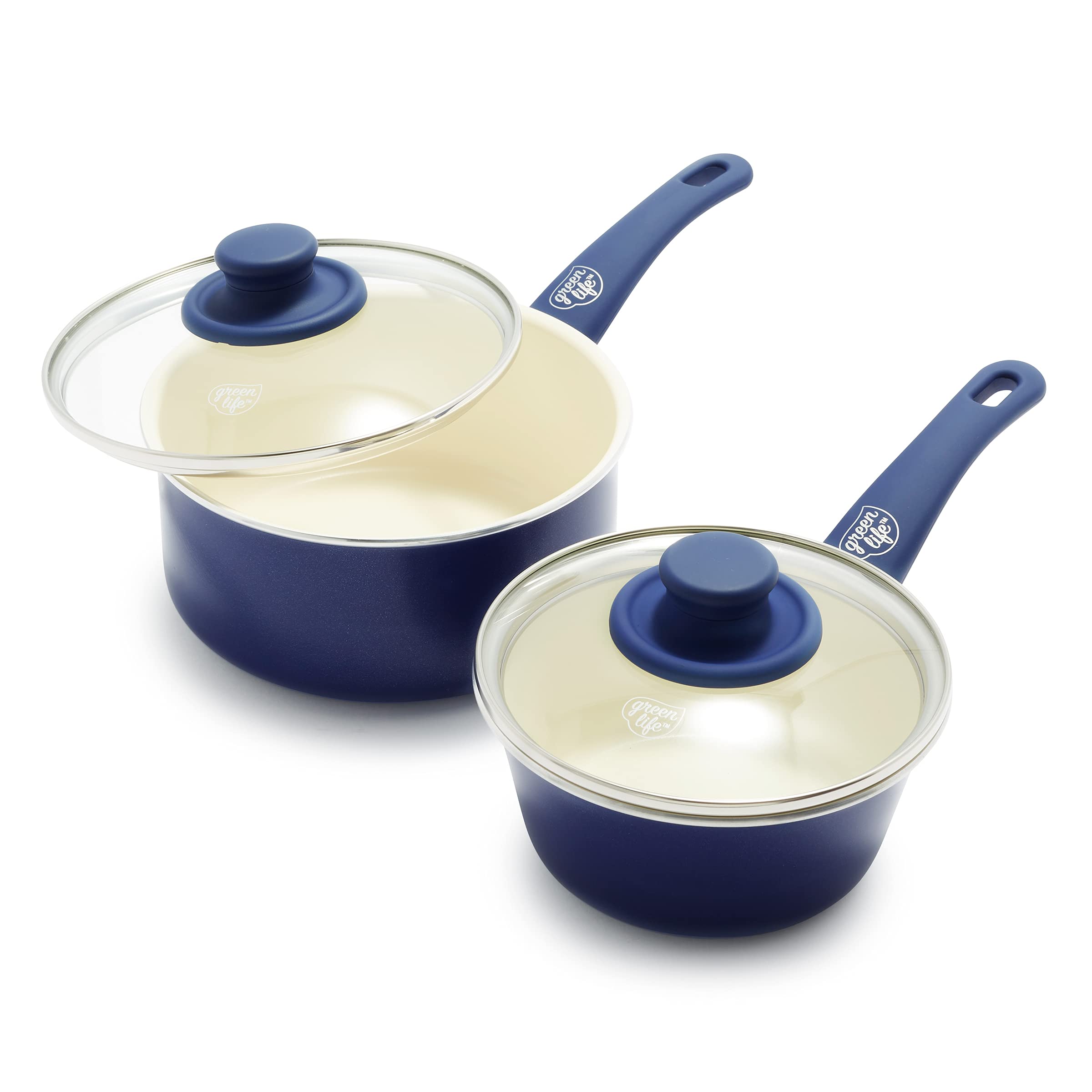 Greenlife Soft Grip Healthy Ceramic Nonstick, 1Qt And 2Qt Saucepan Pot Set With Lids, Pfas-Free, Dishwasher Safe, Blue