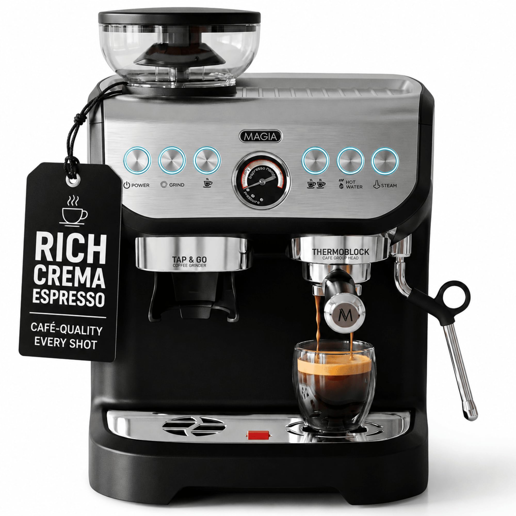 Zulay Kitchen Magia Manual Espresso Machine with BuiltIn Grinder & Steam Wand  15 Bar Pressure Espresso Maker, 2L Removable Wa