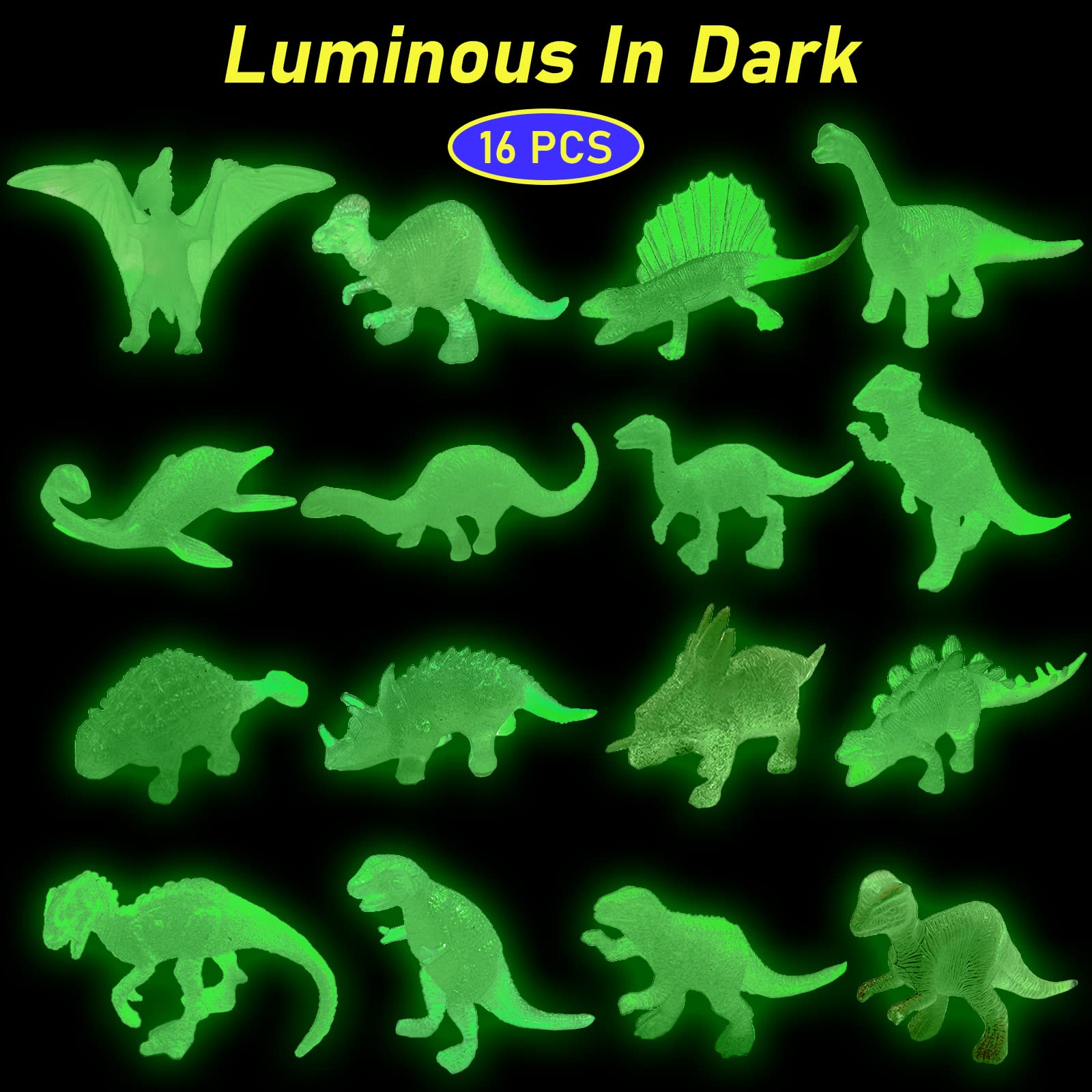 HAPTIME 16 Pcs Mini Dinosaur Figures  Small Luminous Dinosaur Toy  Glow in Dark Dinosaur Party Favors Cake Toppers  Plastic Dino Toys for Kids Christmas Stocking Stuffers Treasure Goody Bag