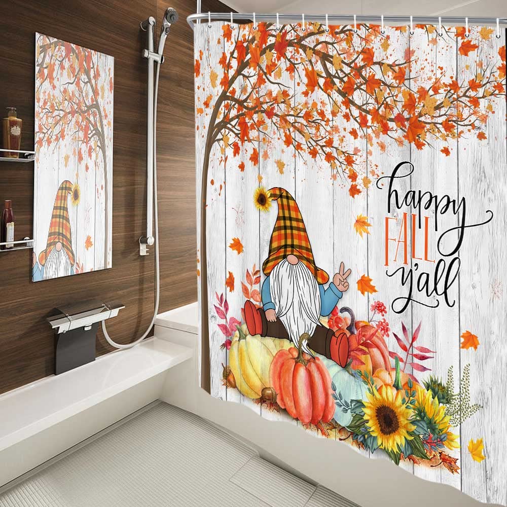 Boziqr Fall Gnome Thanksgiving Shower Curtain, Autumn Maple Tree Leaves Pumpkin Bathroom Curtains, Farmhouse Harvest Rustic Deco