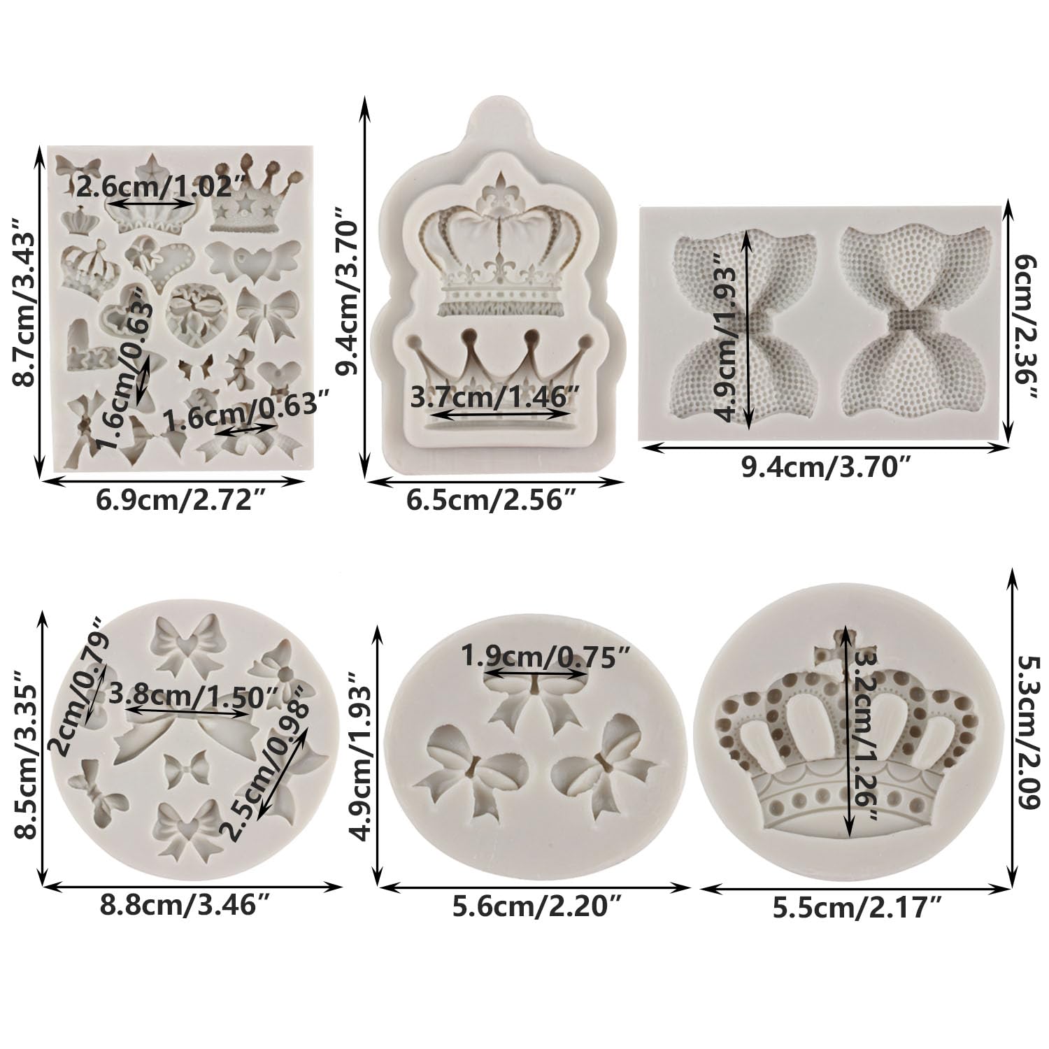 Sijiangmold Bow Silicone Molds Crown Fondant Chocolate Candy Mold For Cupcake Topper Cake Decorating Candy Craft Gum Paste Set O
