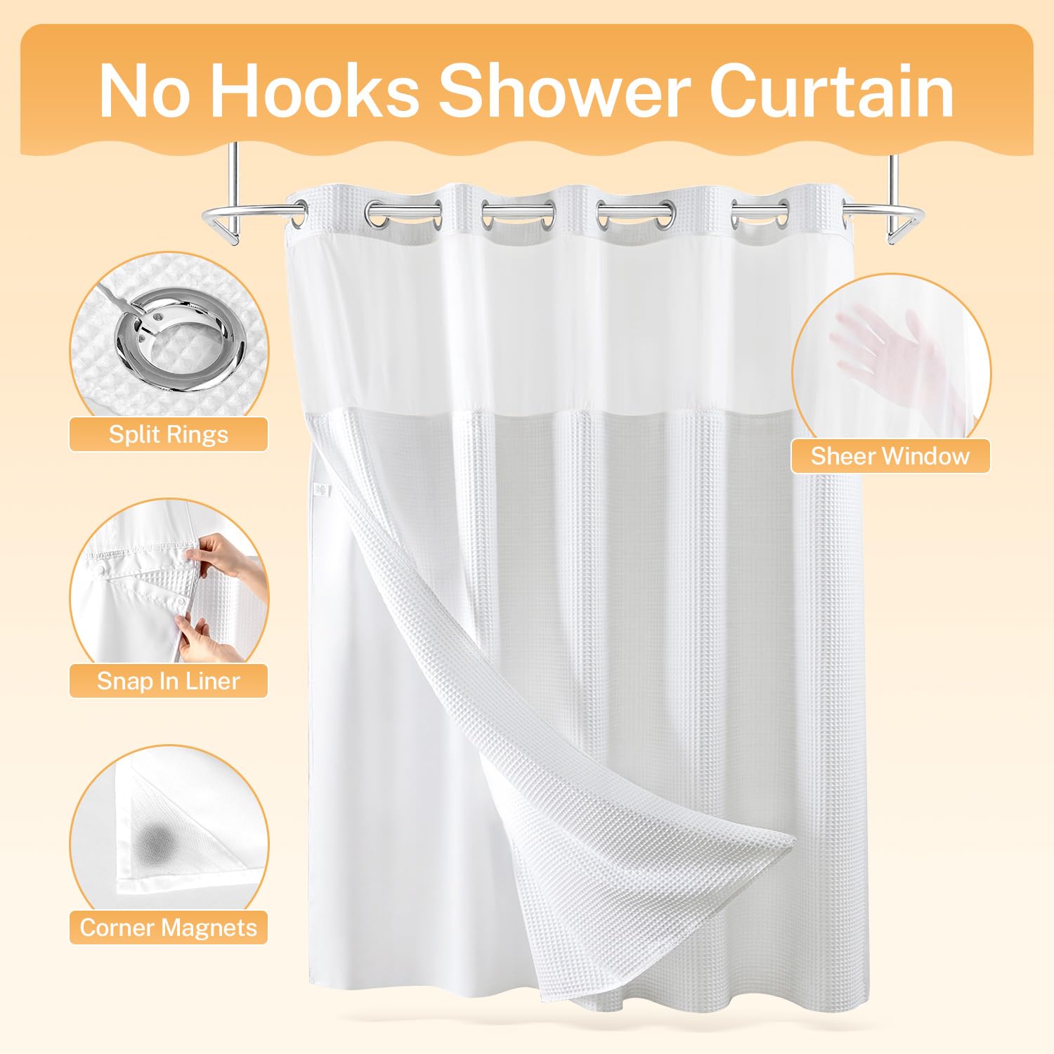 River Dream White Fabric Shower Curtain Set  Cotton Blend  Waffle Weave  with Snap in Replacement Liner 71 x 86 inches